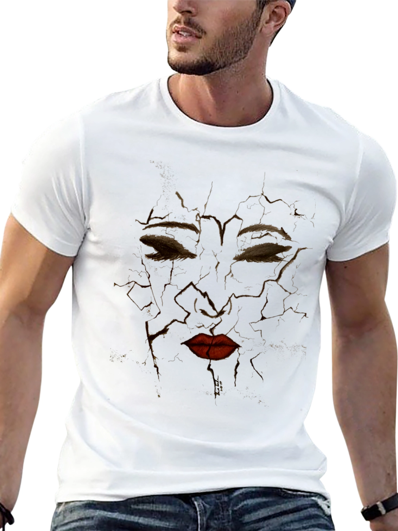 Black Abstract Cracked Face Graphic Tee - Unique Design view 13