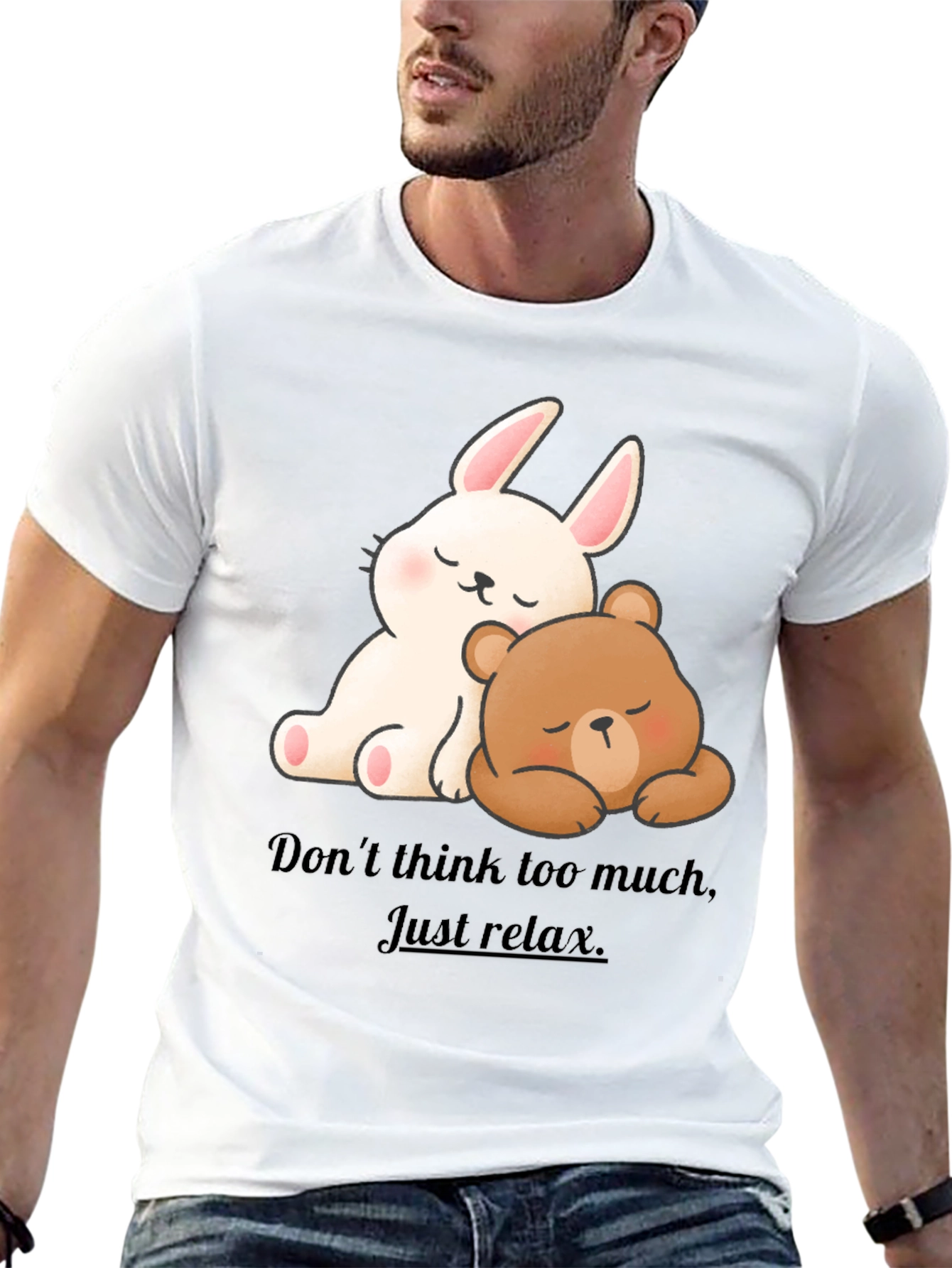 Black Cute Cartoon Bunny & Bear Relax T-Shirt view 13