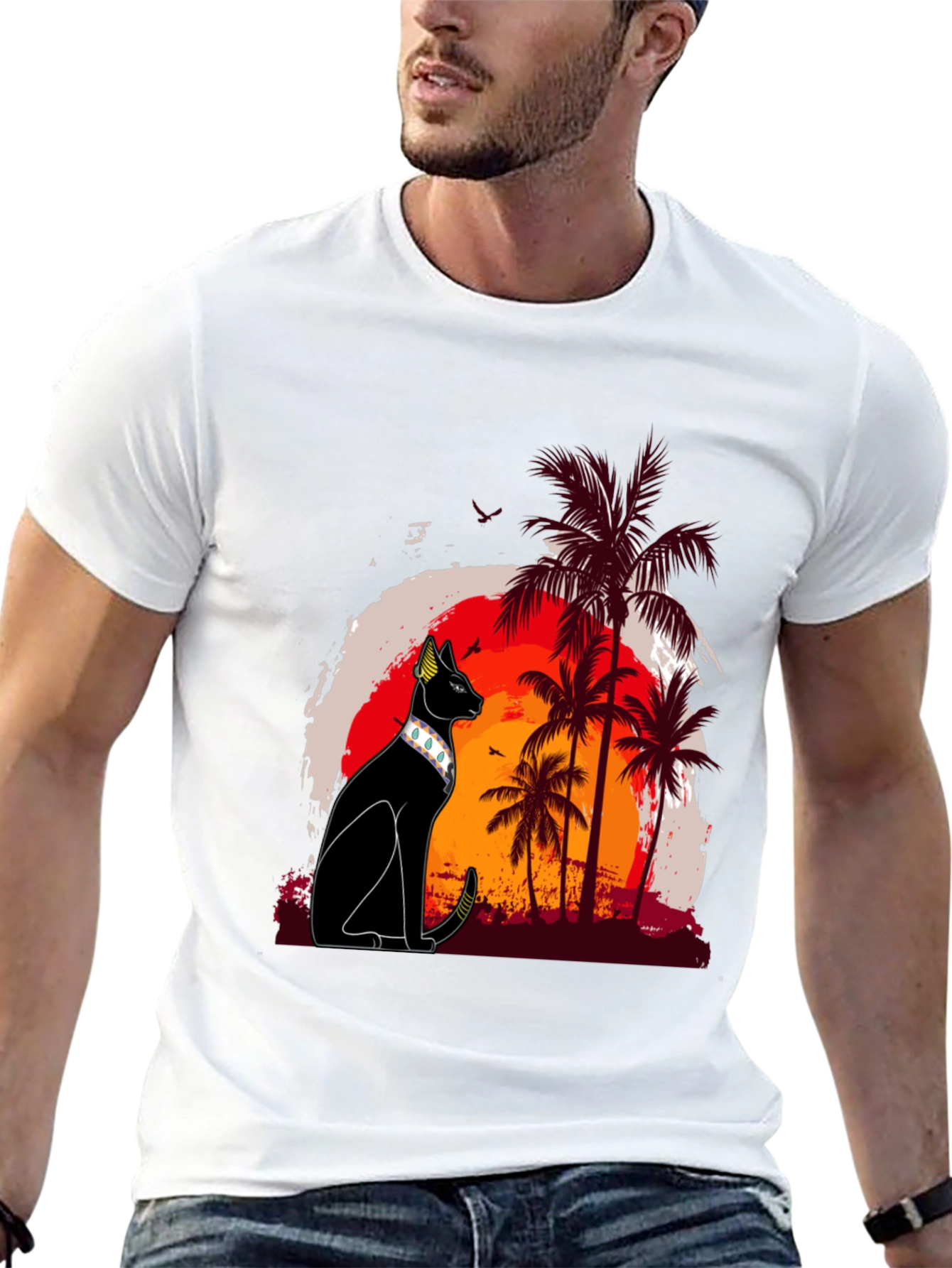 Black Egyptian Cat Palm Sunset Graphic Tee view 13