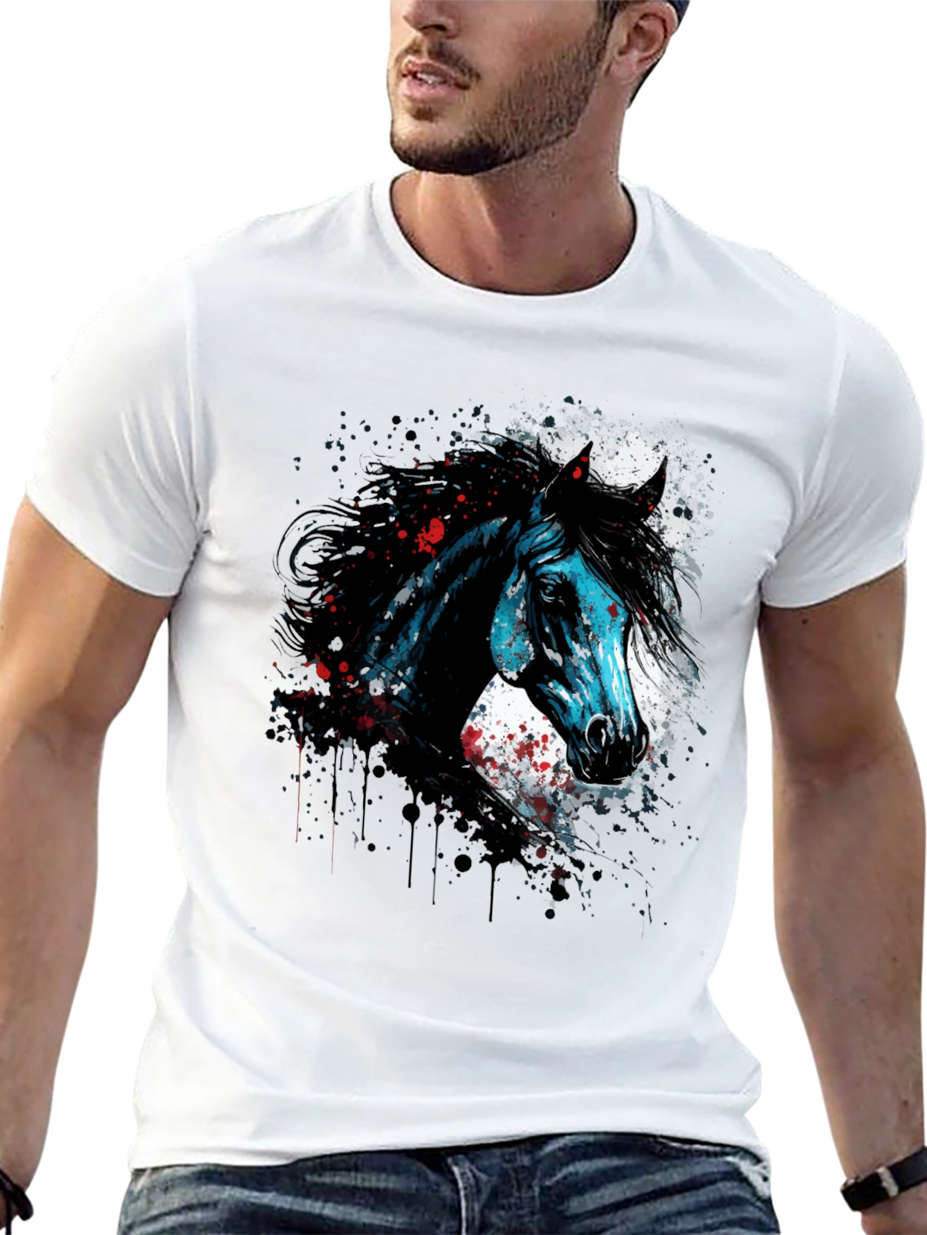 Black Horse Graphic Print T-Shirt, Men's Black Tee view 13