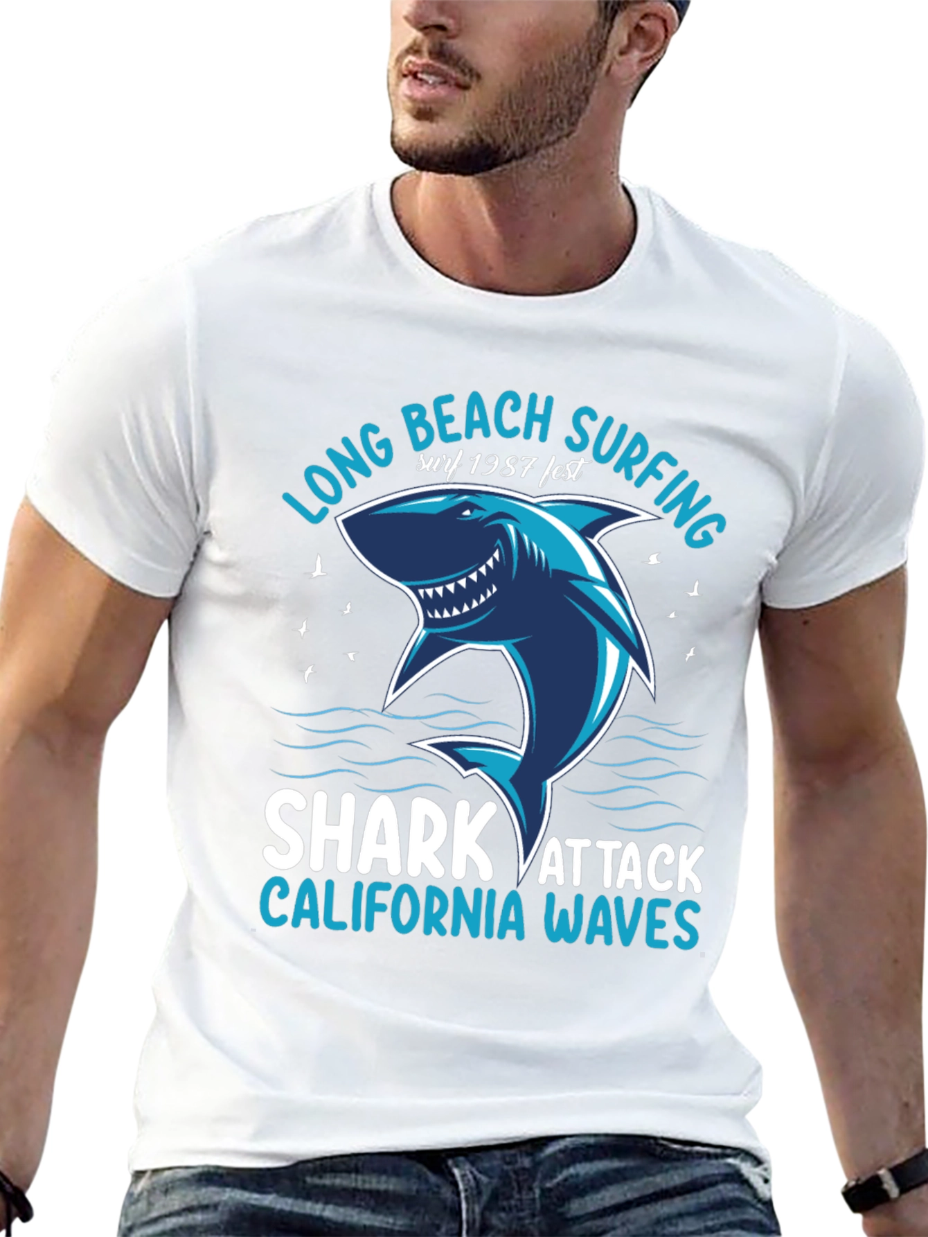 Black Long Beach Surfing Shark Graphic Tee view 13