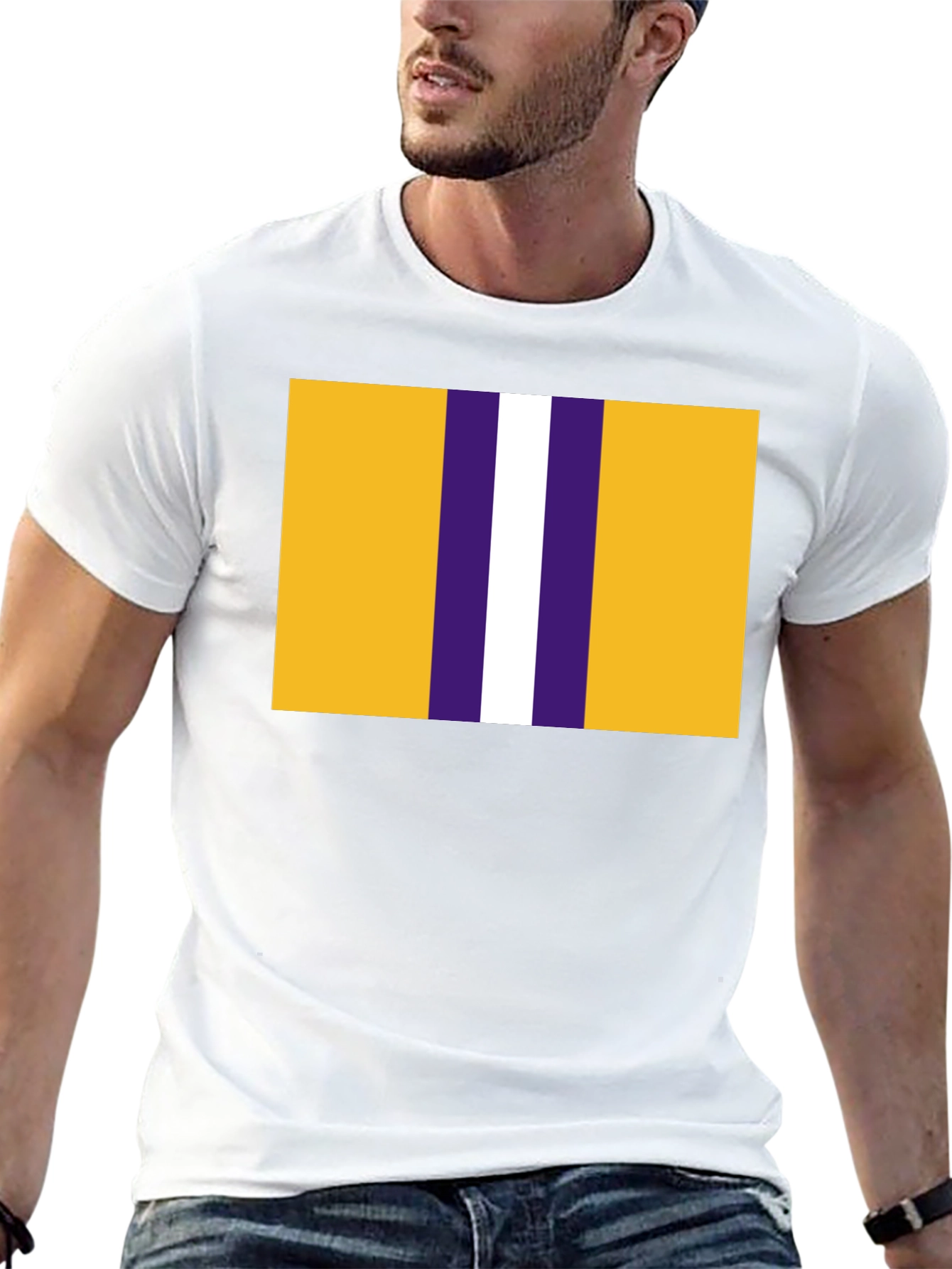 Black Striped Graphic T-Shirt - Gold, Purple, and White Design view 13