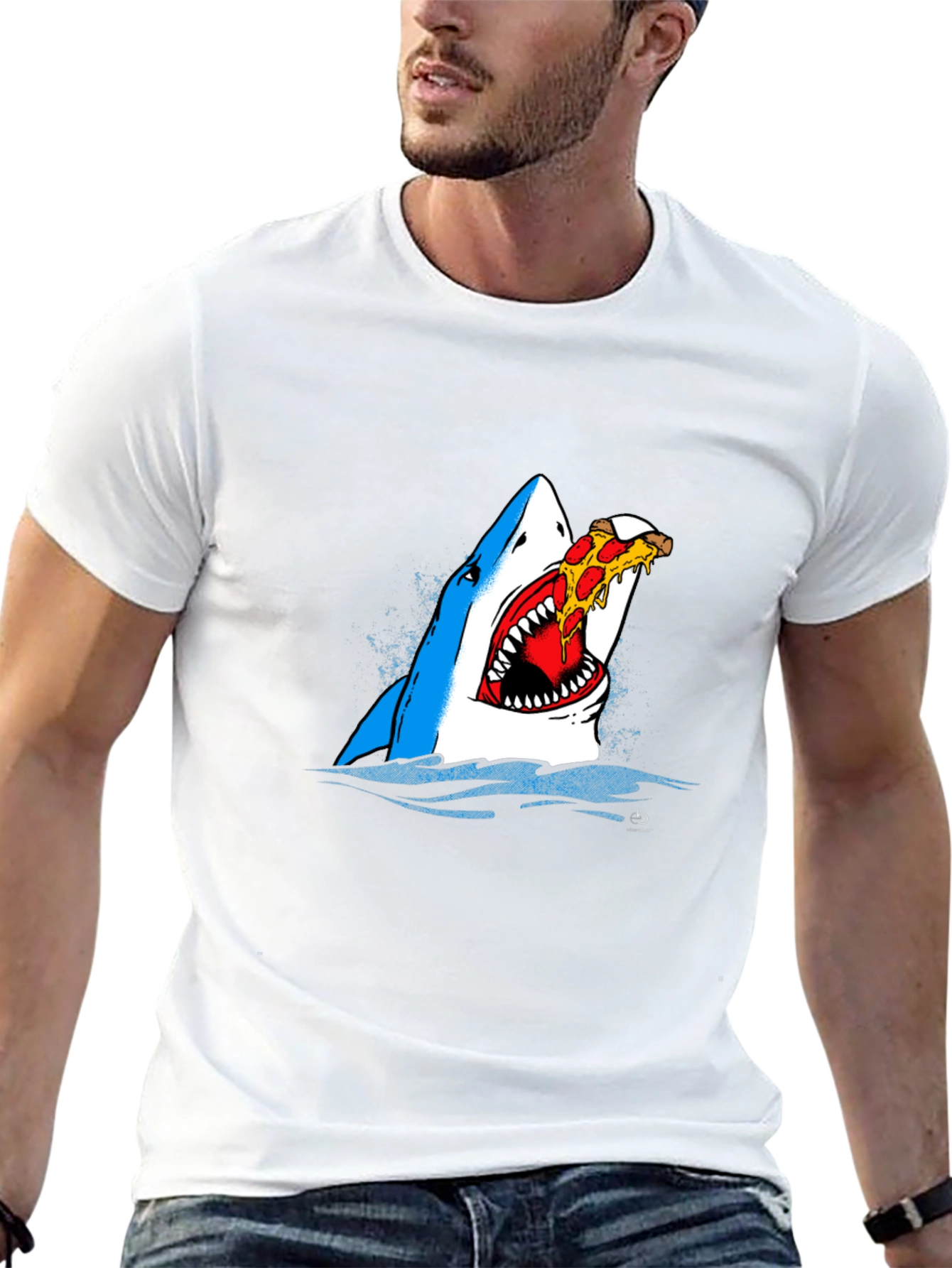 Black Shark Eating Pizza Graphic Tee - Novelty T-Shirt view 13