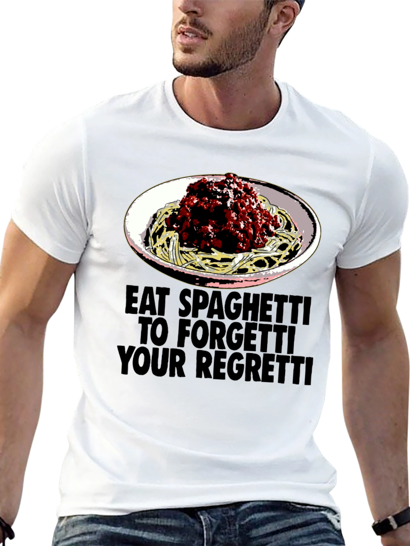 Black Eat Spaghetti T-Shirt: Forget Your Regretti Fun Tee view 13