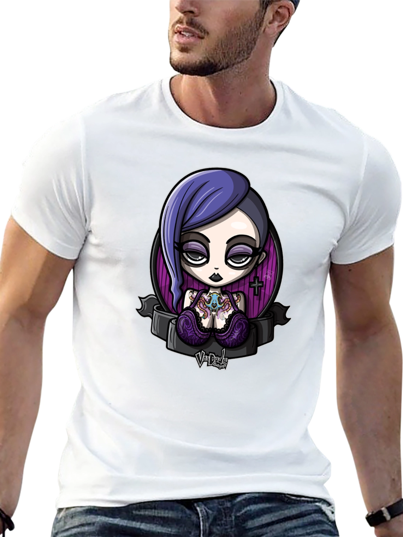 Black Gothic Cartoon Girl Graphic Black T-Shirt view 13