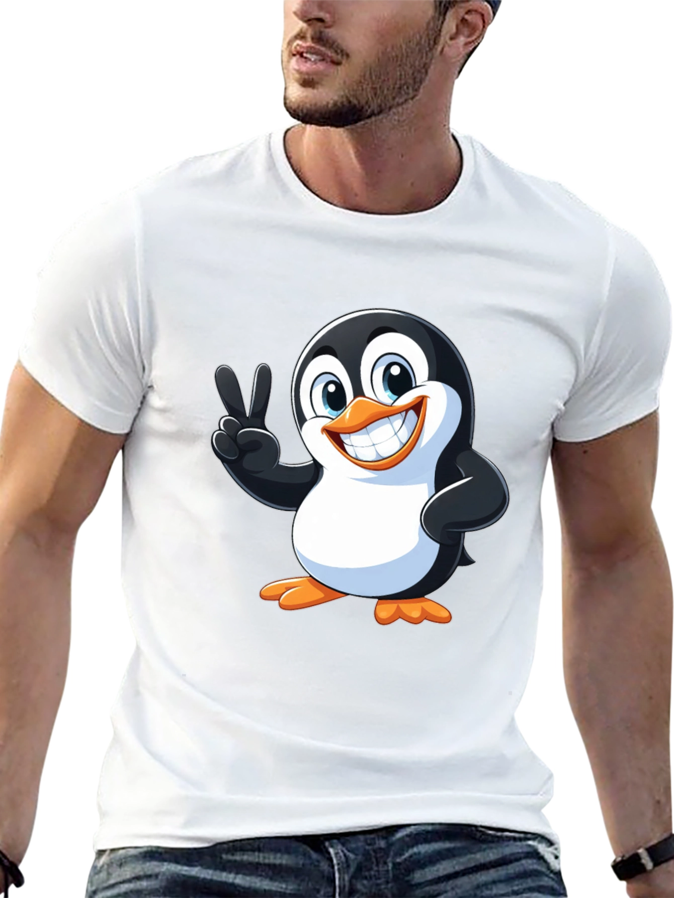 Black Cute Penguin Peace Sign Graphic T-Shirt view 13