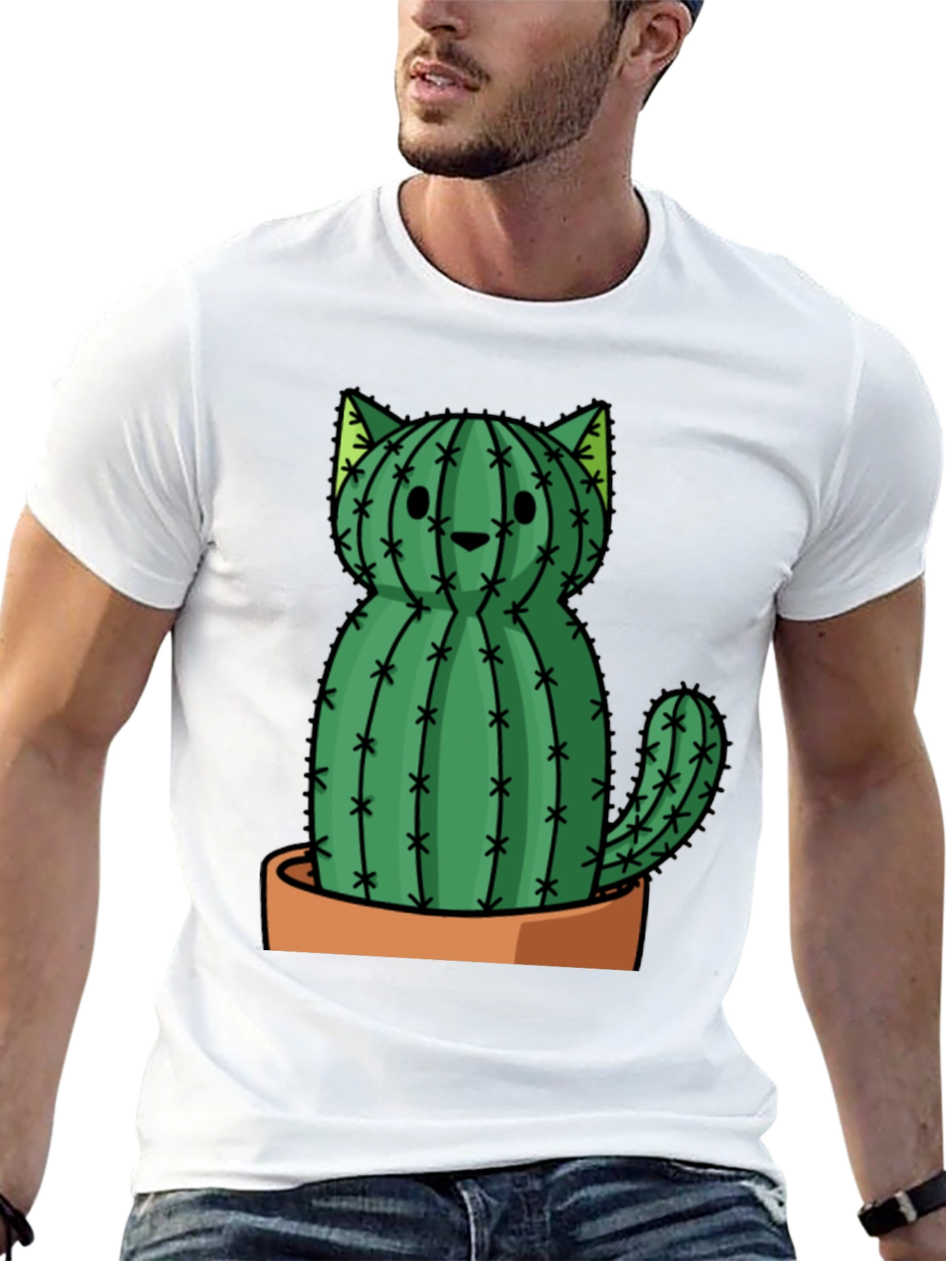 Black Cactus Cat Graphic Tee - Trendy Plant Lover Shirt view 13