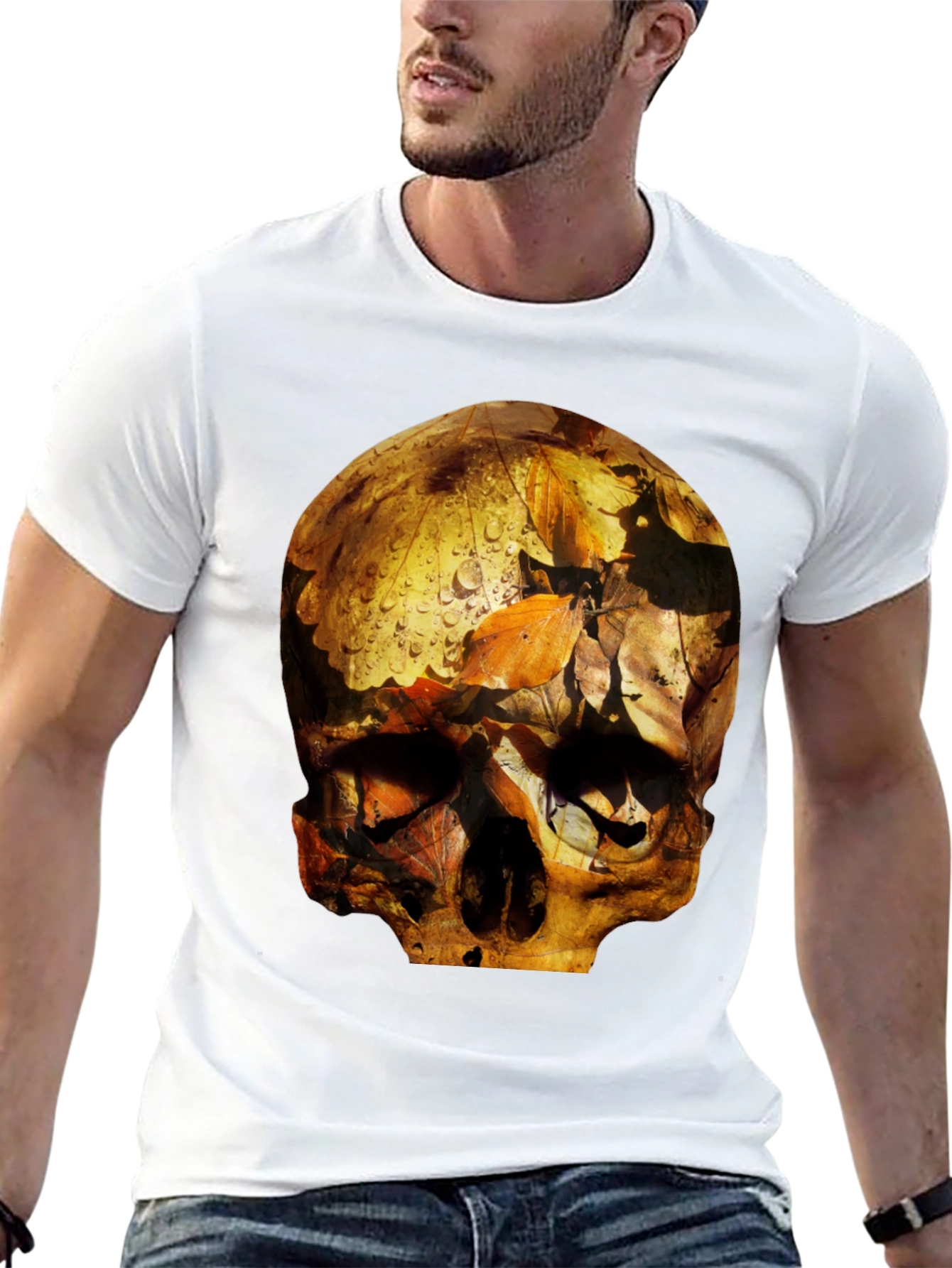 Black Skull Graphic Tee - Fallen Leaves Design view 13