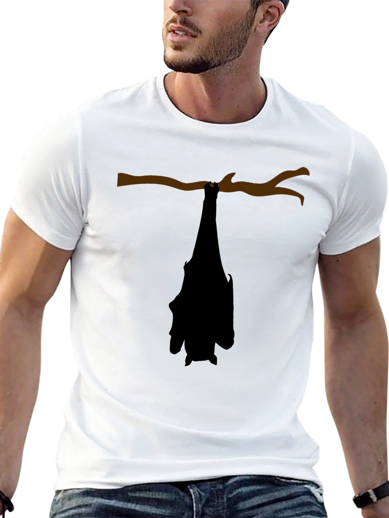 Black Hanging Bat Graphic Tee - Black Cotton Casual Top view 13