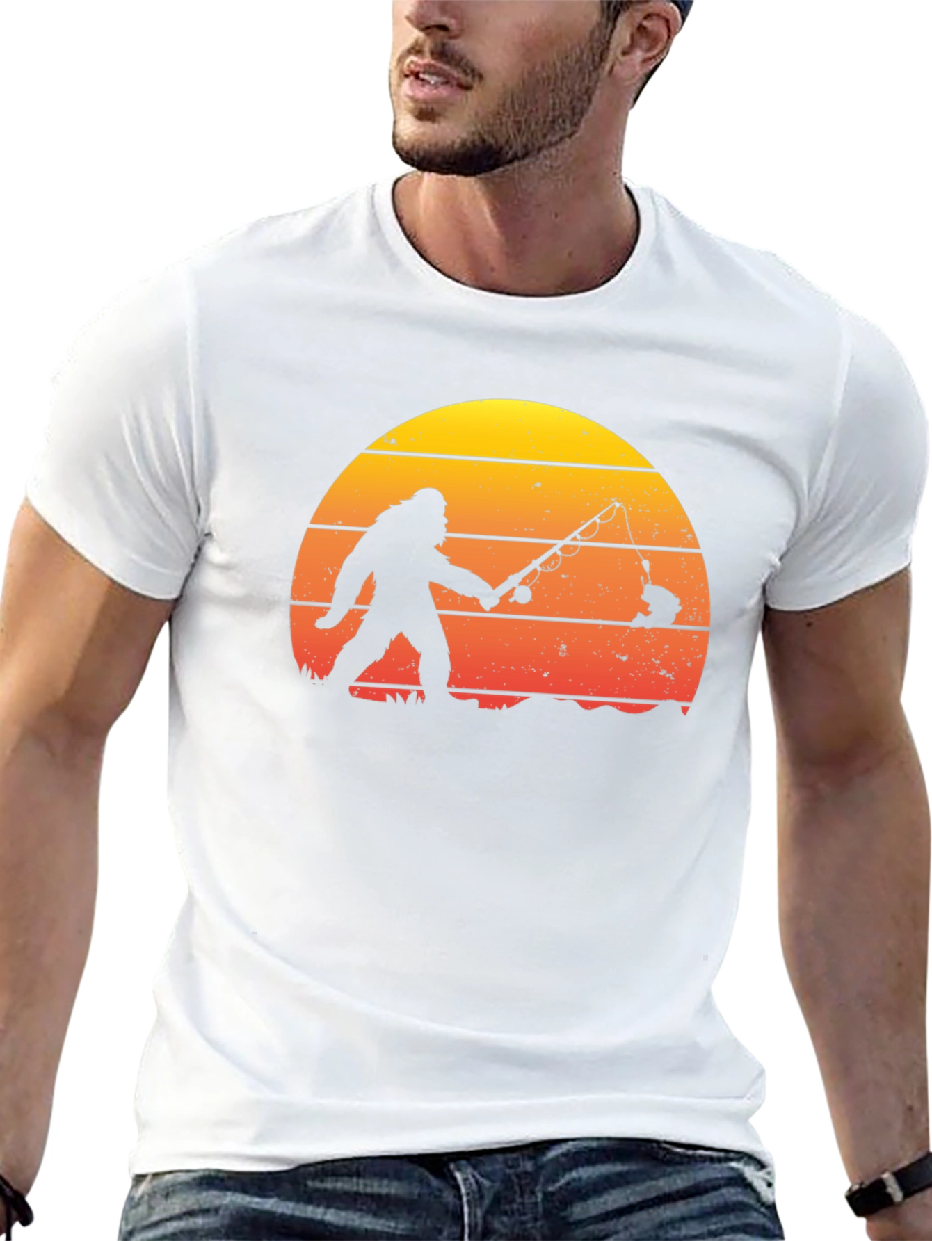 Black Bigfoot Fishing Sunset Graphic T-Shirt view 13