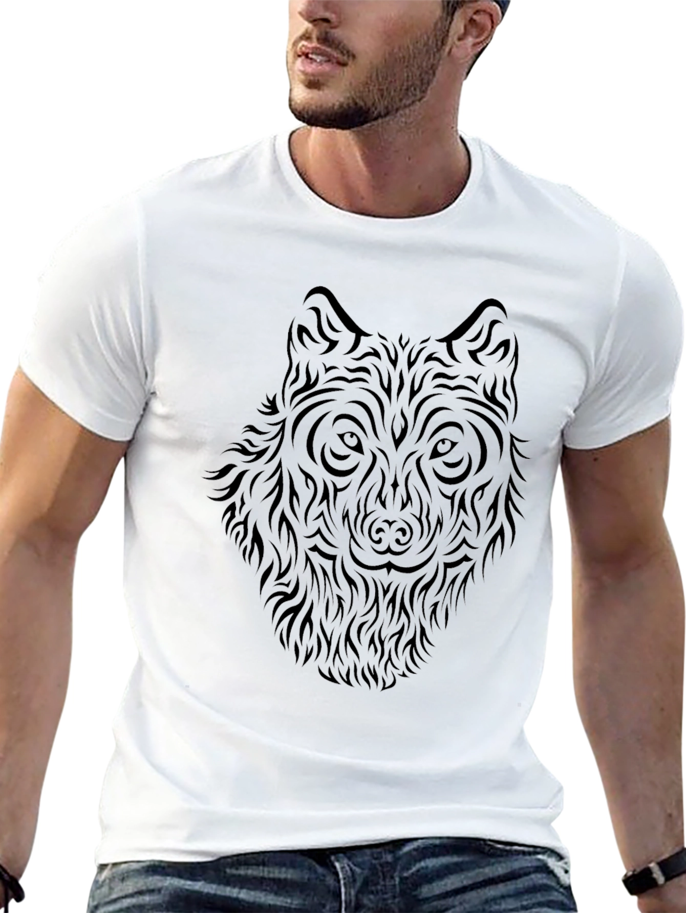 Black Wolf Tribal Graphic Print Black T-Shirt view 13