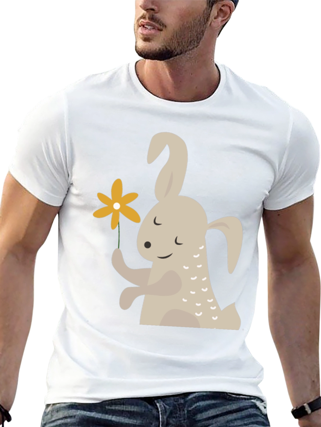Black Cute Bunny Holding Flower Graphic T-Shirt view 13
