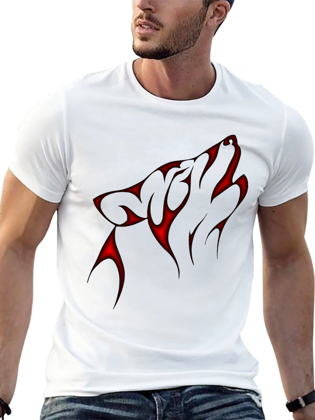 Black Black T-Shirt with Red Wolf Silhouette Design view 13