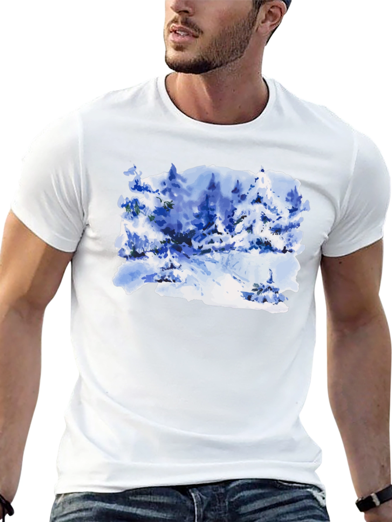 Black Watercolor Winter Scene Black T-Shirt view 13