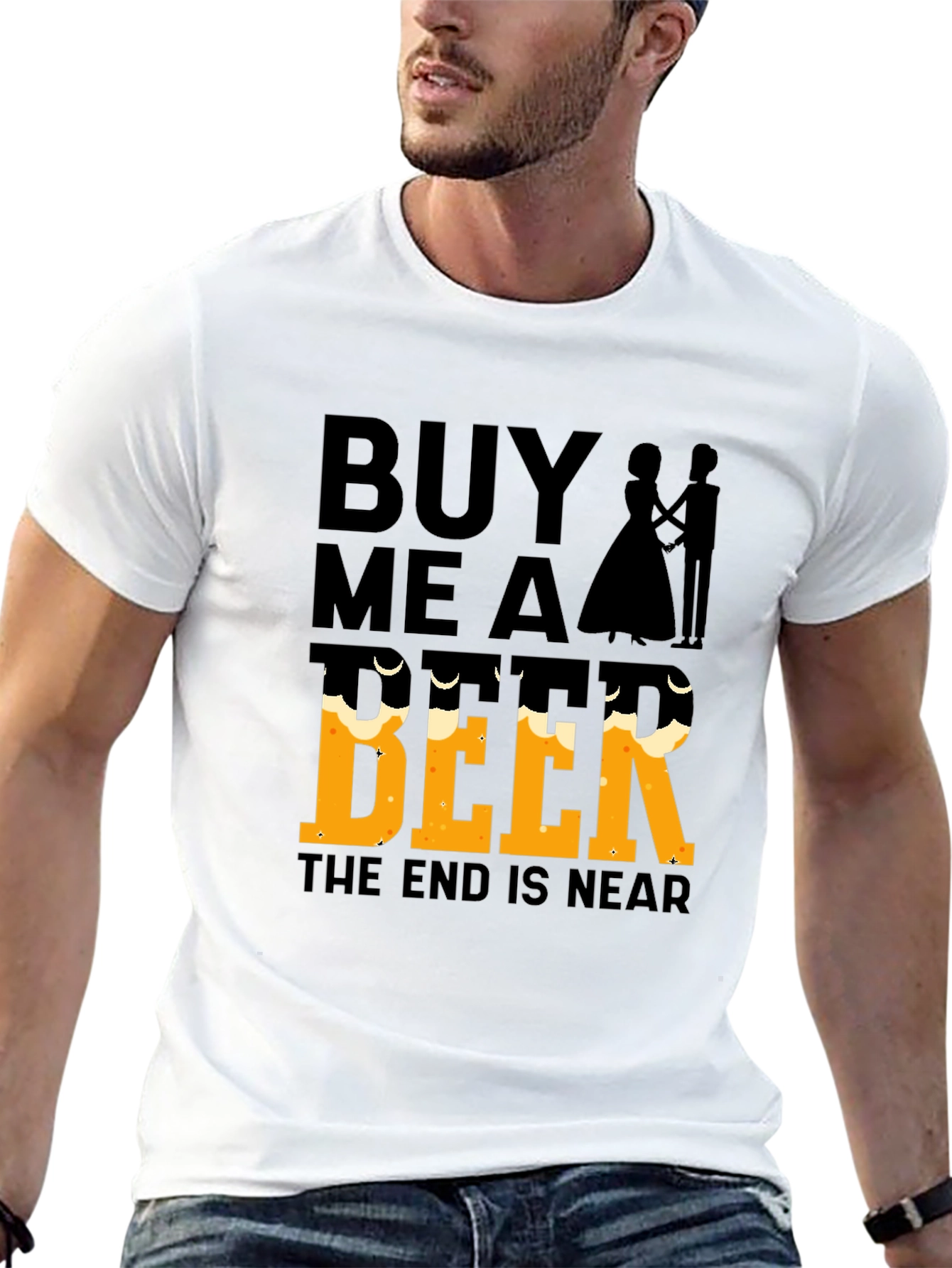Black Buy Me a Beer, The End Is Near - Funny Wedding T-Shirt view 13
