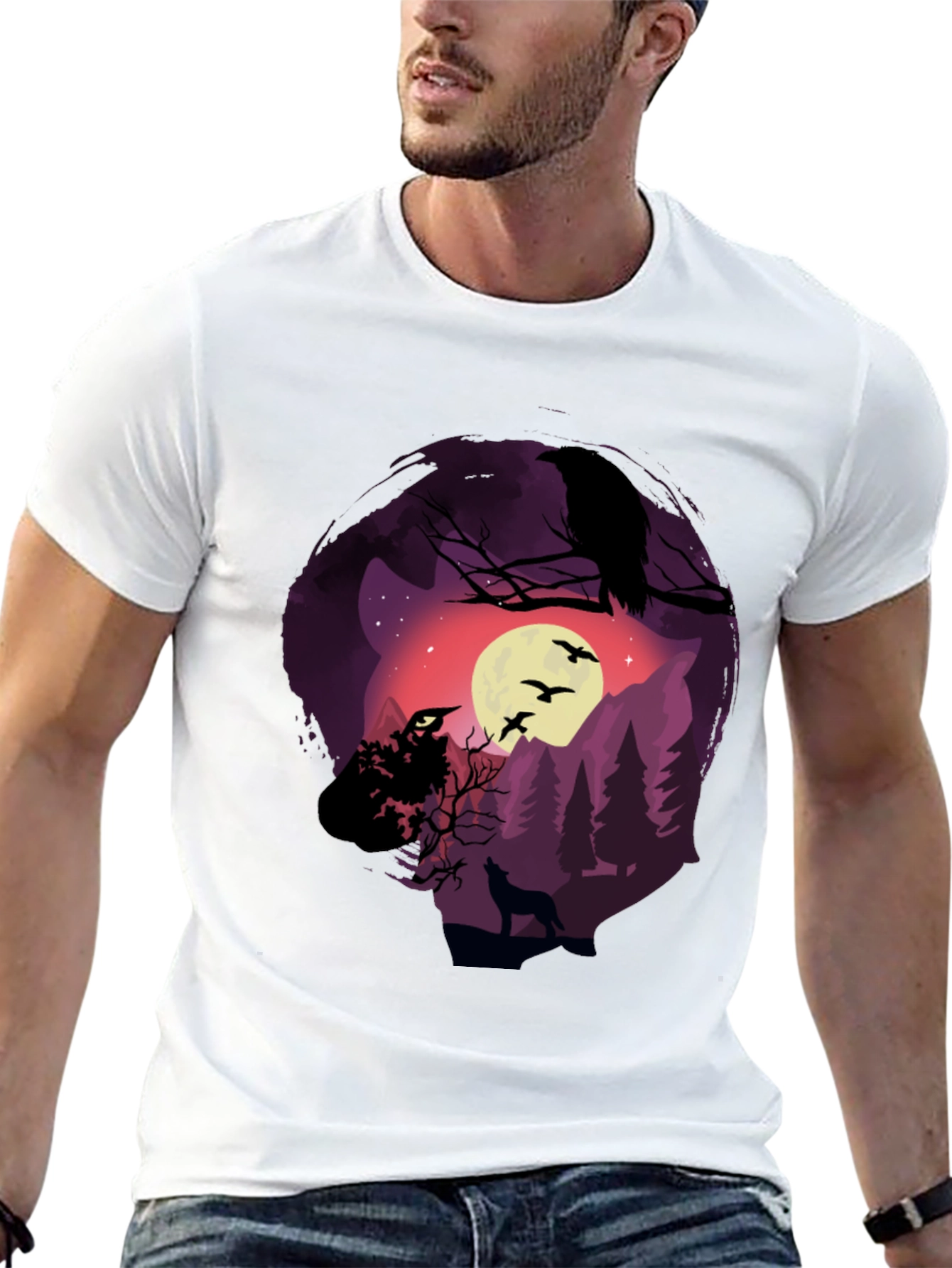 Black Raven Moon Wolf Graphic T-Shirt view 13