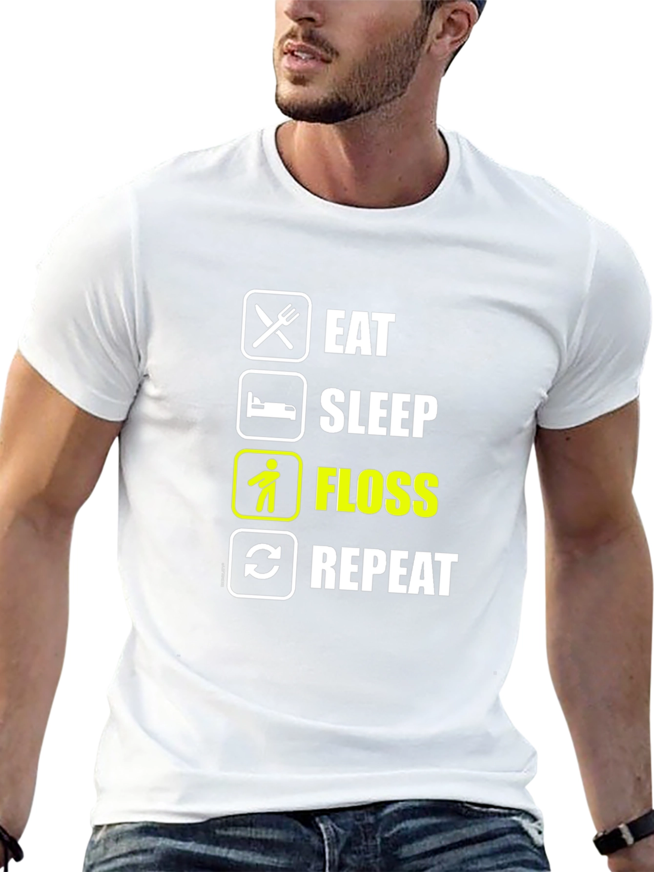 Black Eat Sleep Floss Repeat Funny T-Shirt Black Cotton Graphic Tee view 13