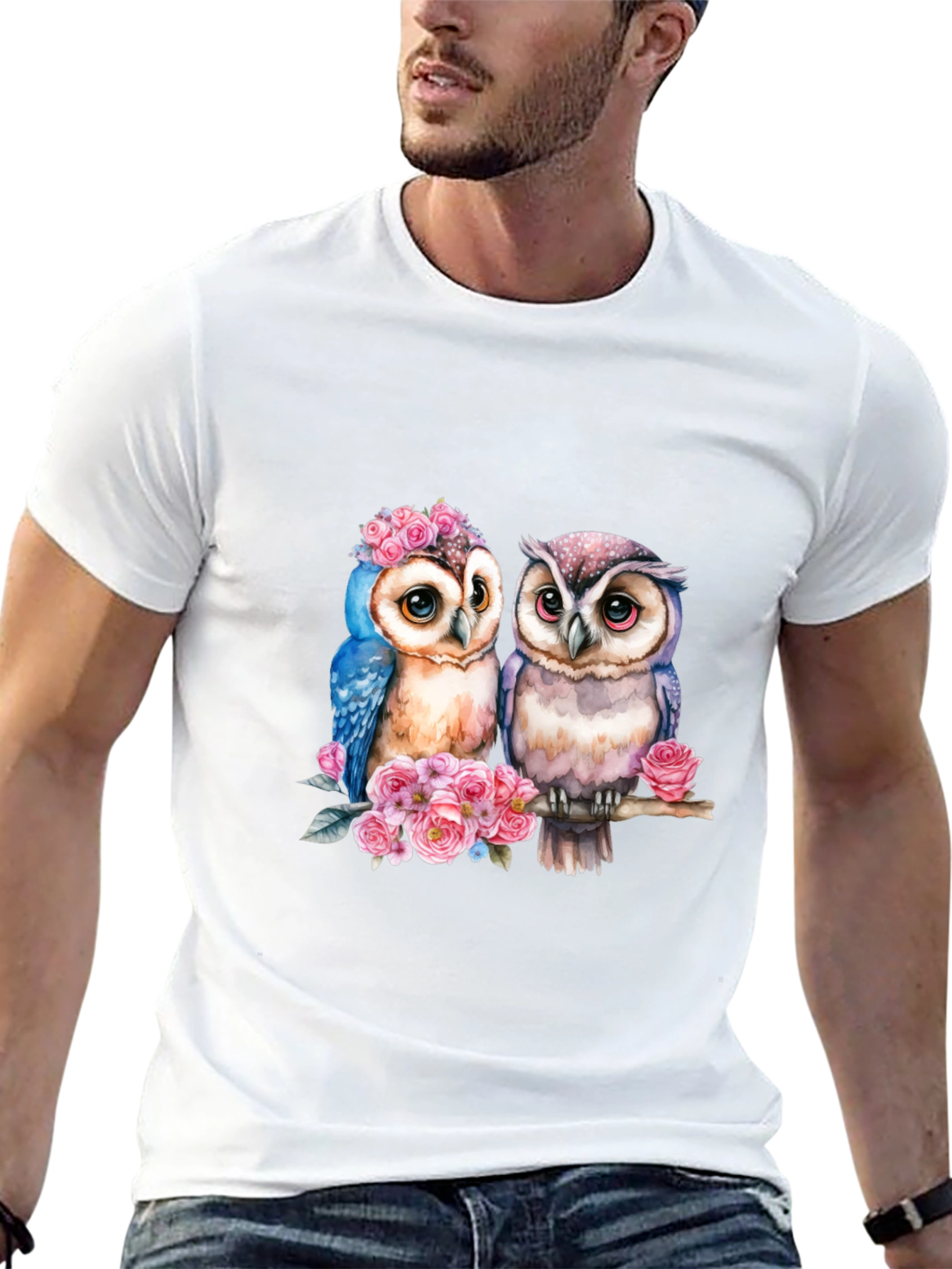 Black Owl Couple T-Shirt - Floral Design view 13