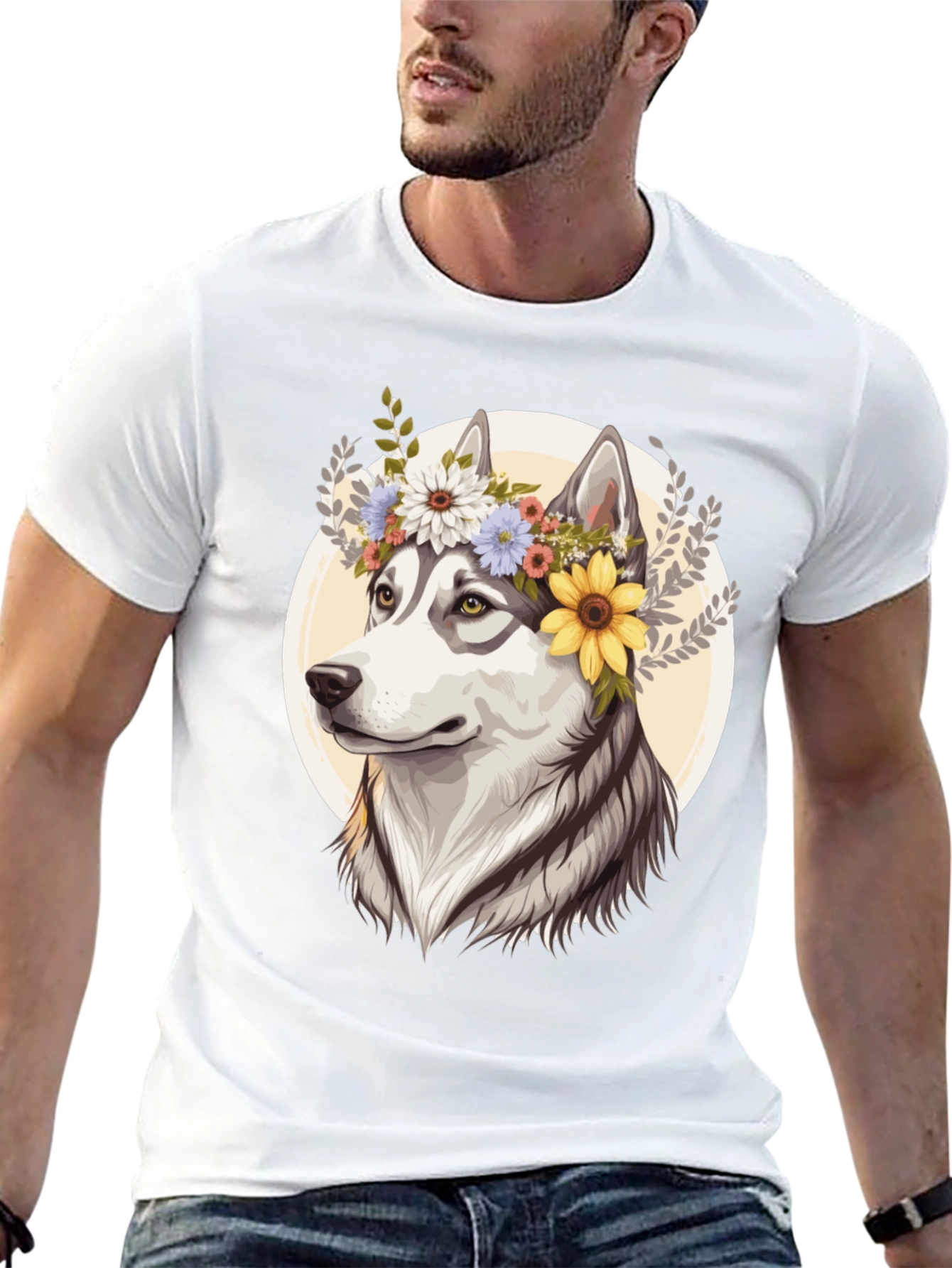 Black Floral Husky Graphic Tee - Unisex Black T-Shirt view 13