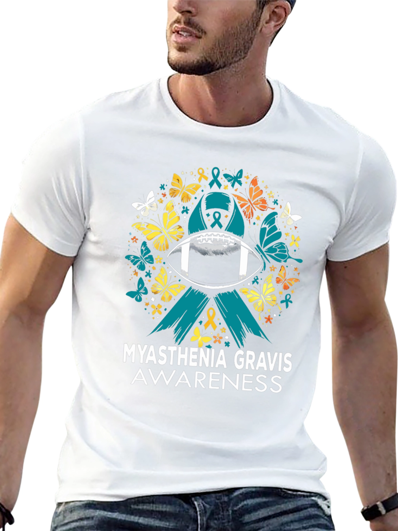 Black Myasthenia Gravis Awareness Football T-Shirt view 13