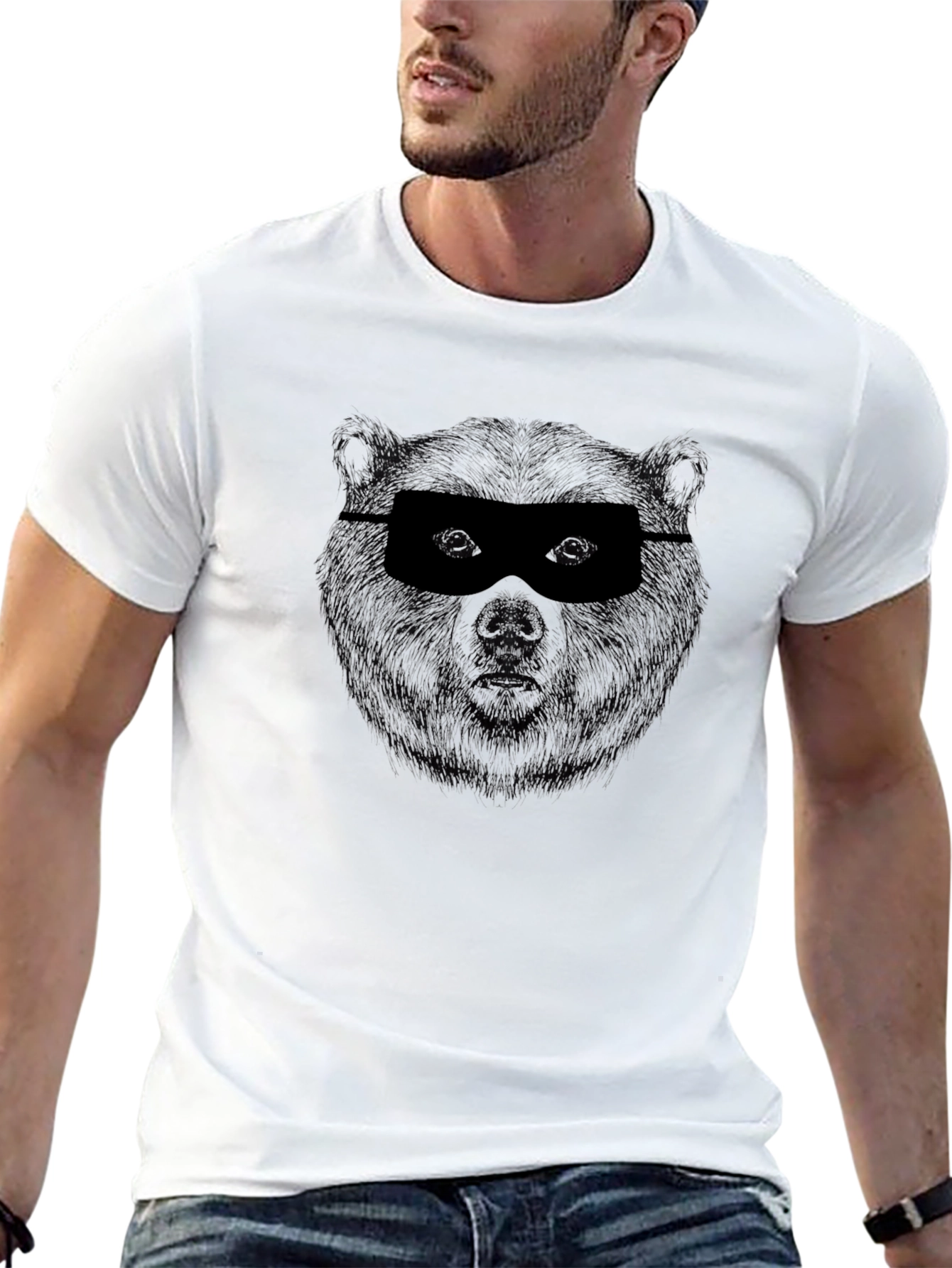Black Men's Black Graphic Tee - Masked Bear Design view 13