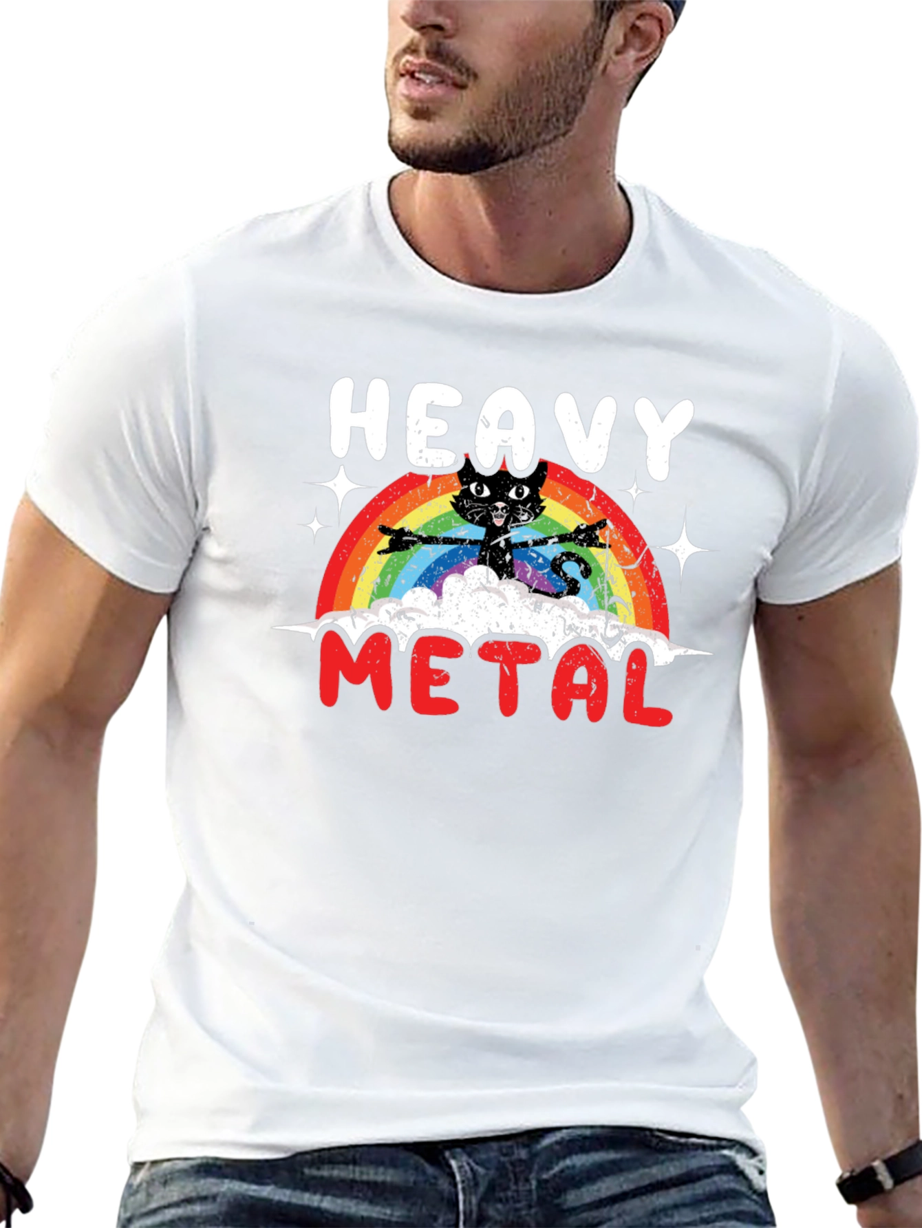 Black Heavy Metal Cat Rainbow T-Shirt view 13
