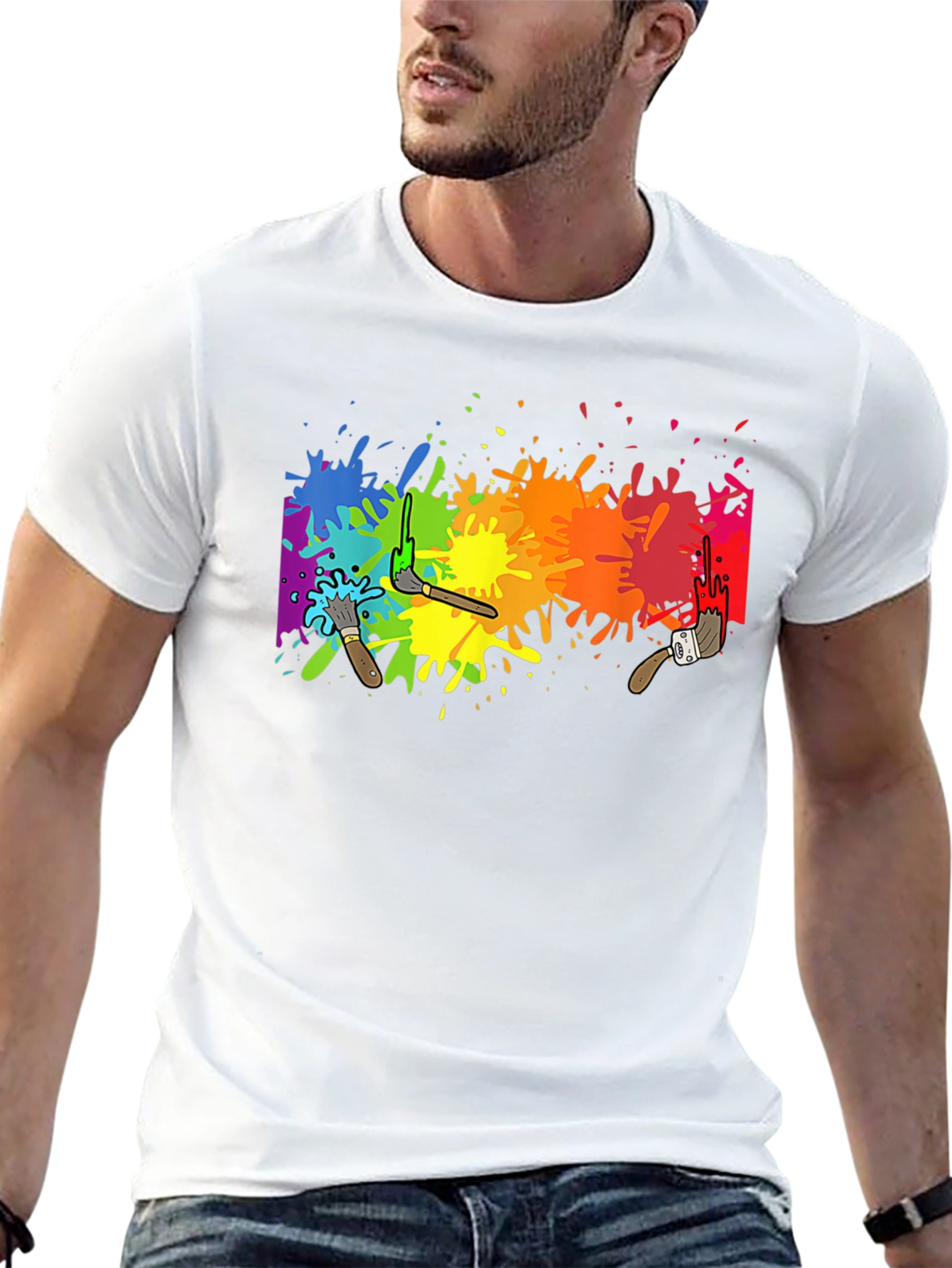 Black Rainbow Paint Splatter Graphic Tee - Artistic Black T-Shirt view 13