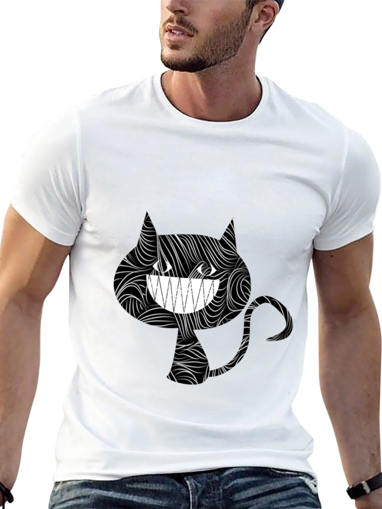 Black Grinning Cat Tee - Stylish Black Graphic T-Shirt view 13
