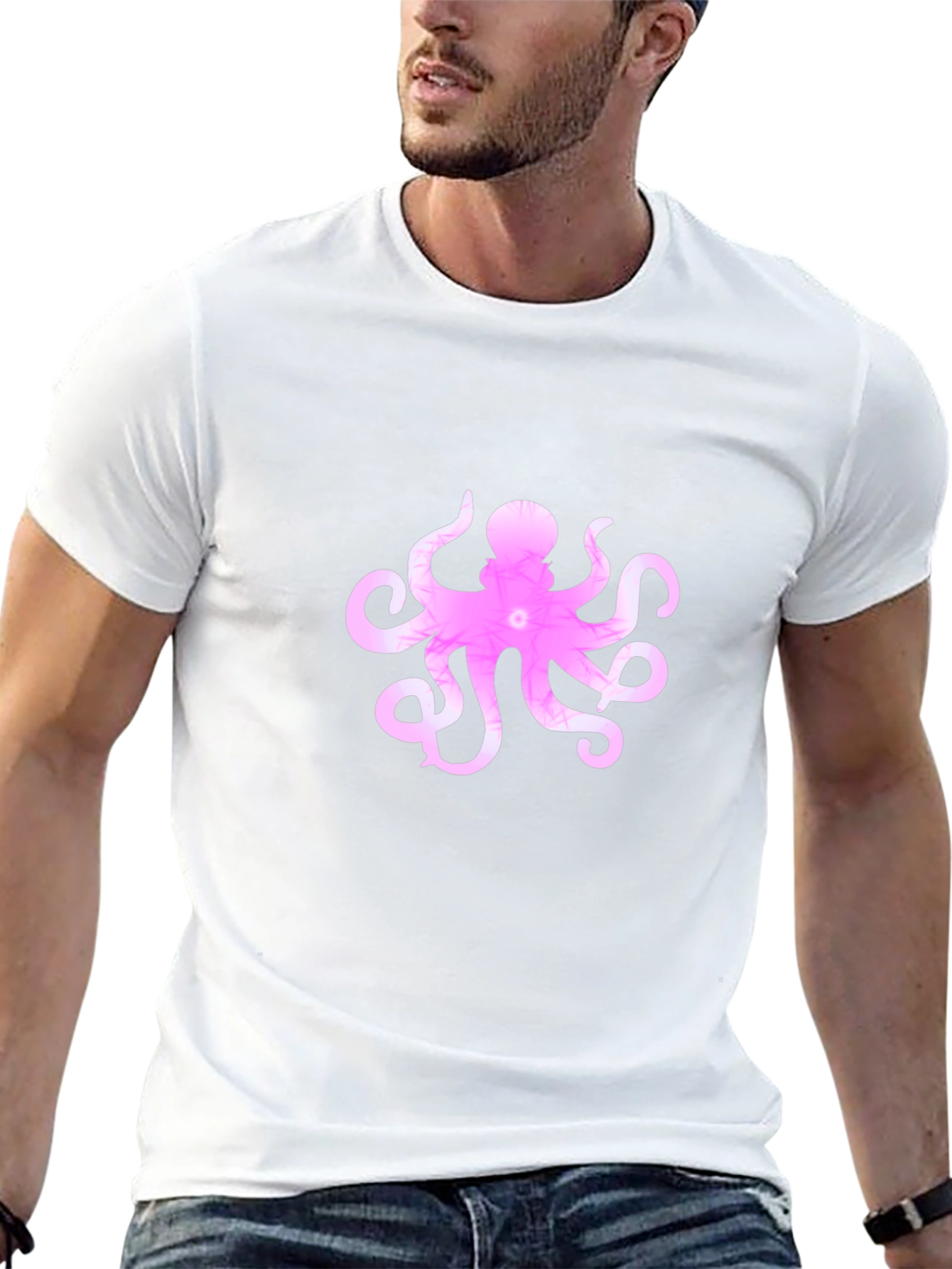 Men's Black T-Shirt with Pink Octopus Design - 13