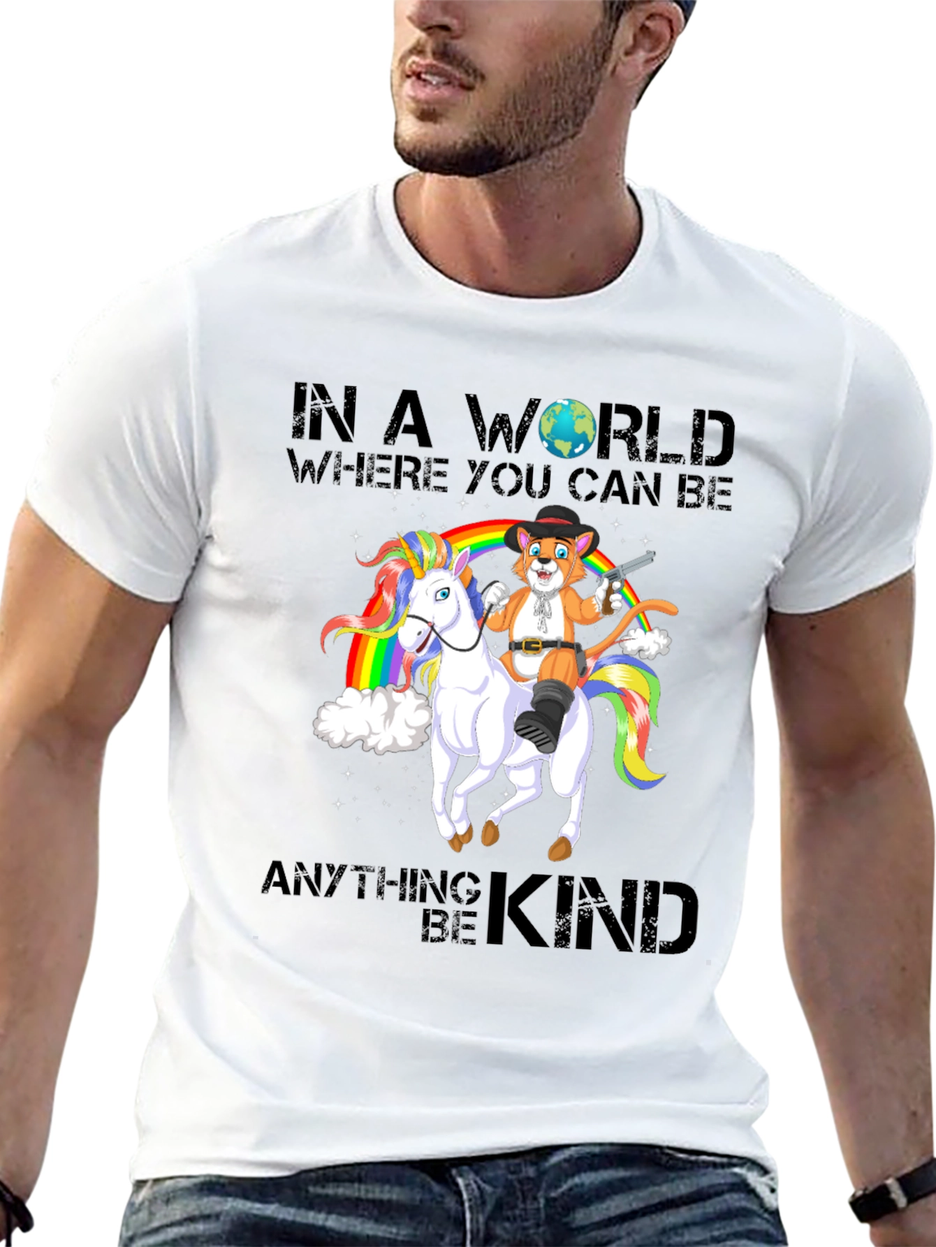 Black Be Kind T-Shirt: Cat Cowboy Riding Unicorn view 13
