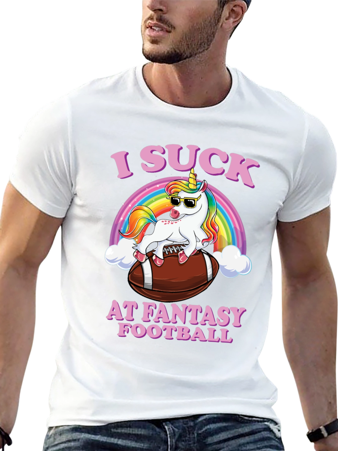 Black I Suck at Fantasy Football Unicorn T-Shirt view 13