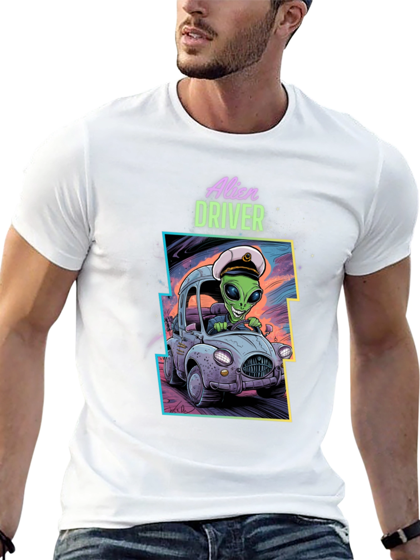 Black Alien Driver Graphic T-Shirt - Black Crew Neck Tee view 13