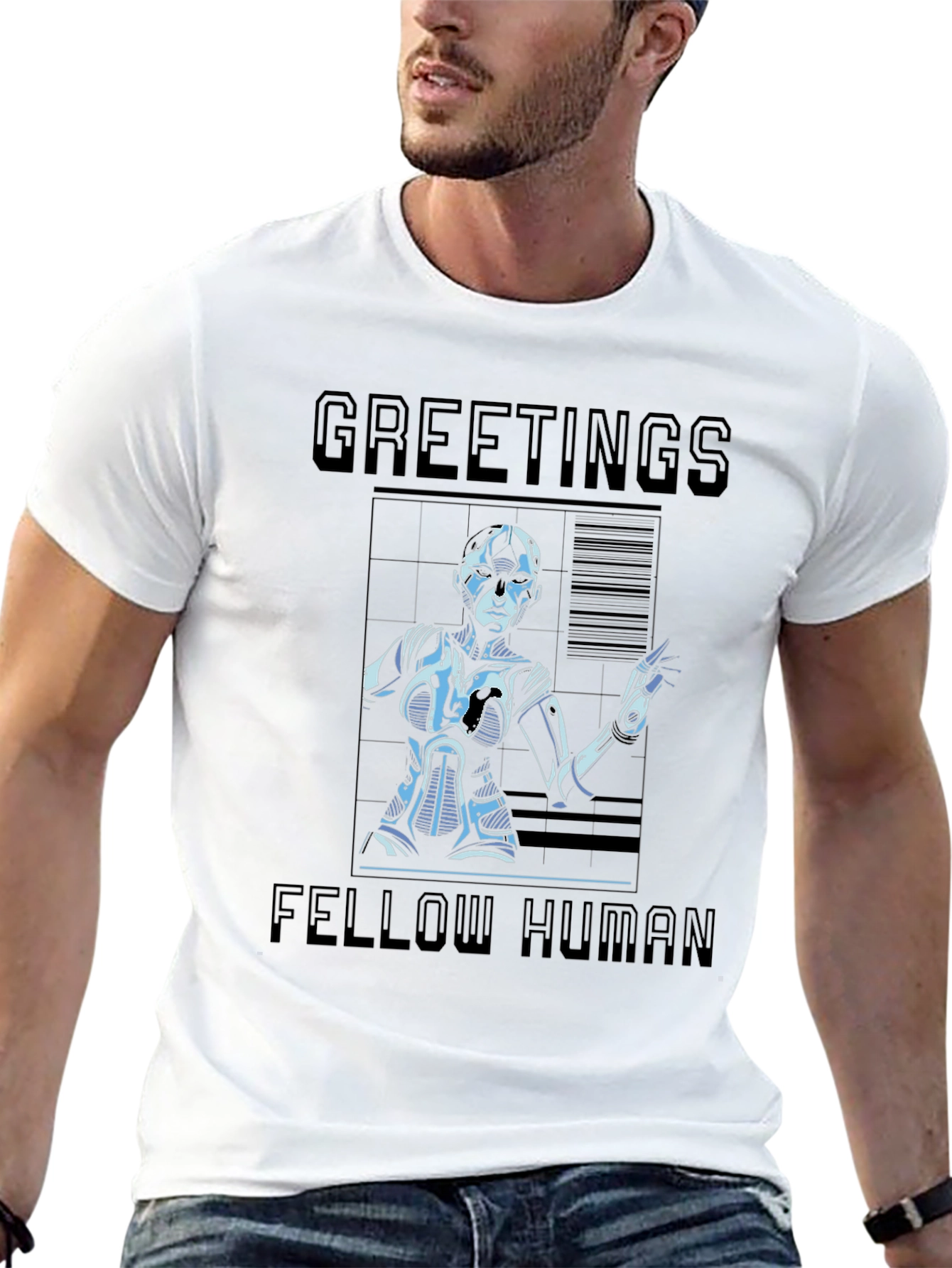 Black Greetings Fellow Human T-Shirt - Sci-Fi Robot Design view 13