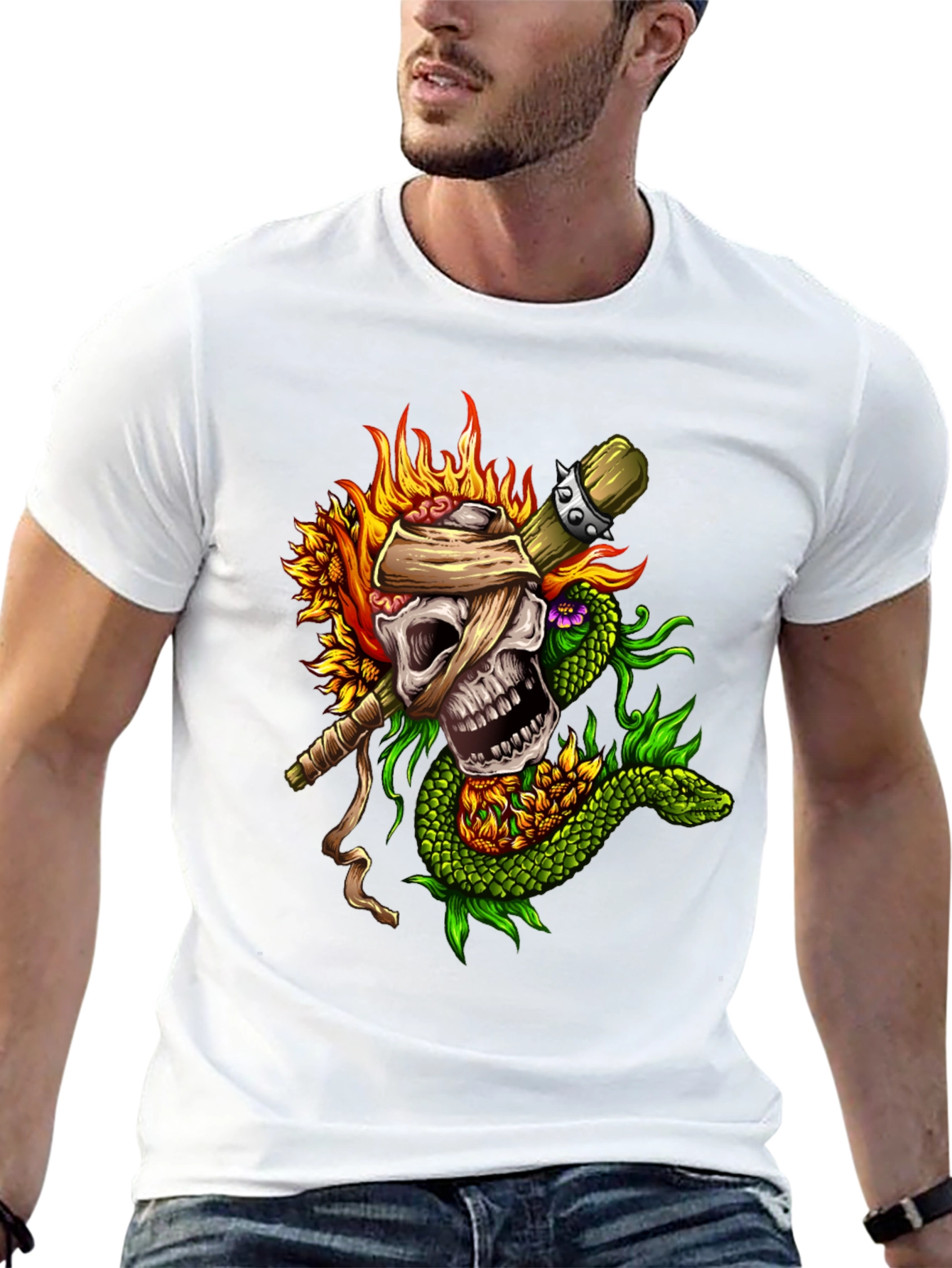 Skull, Snake, Sunflowers Black T-Shirt - 13