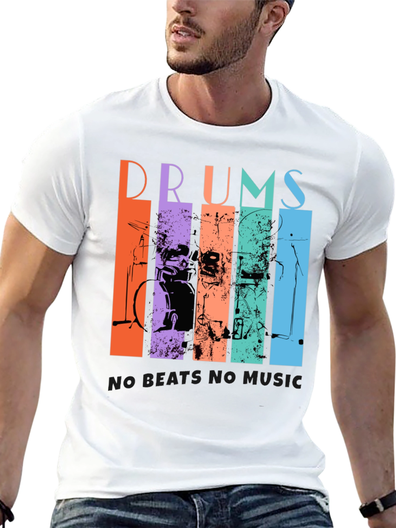 Black Colorful Drums Music Graphic T-Shirt view 13