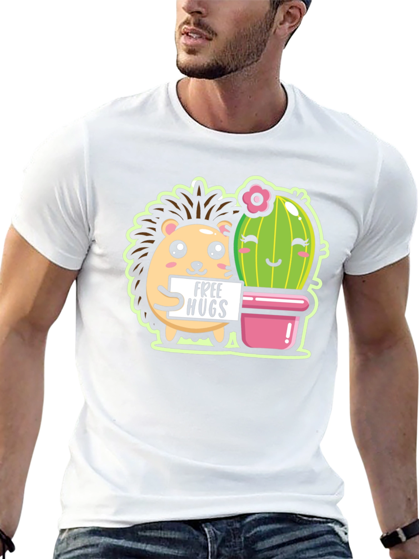 Black Cute Hedgehog & Cactus Free Hugs Black T-Shirt view 13
