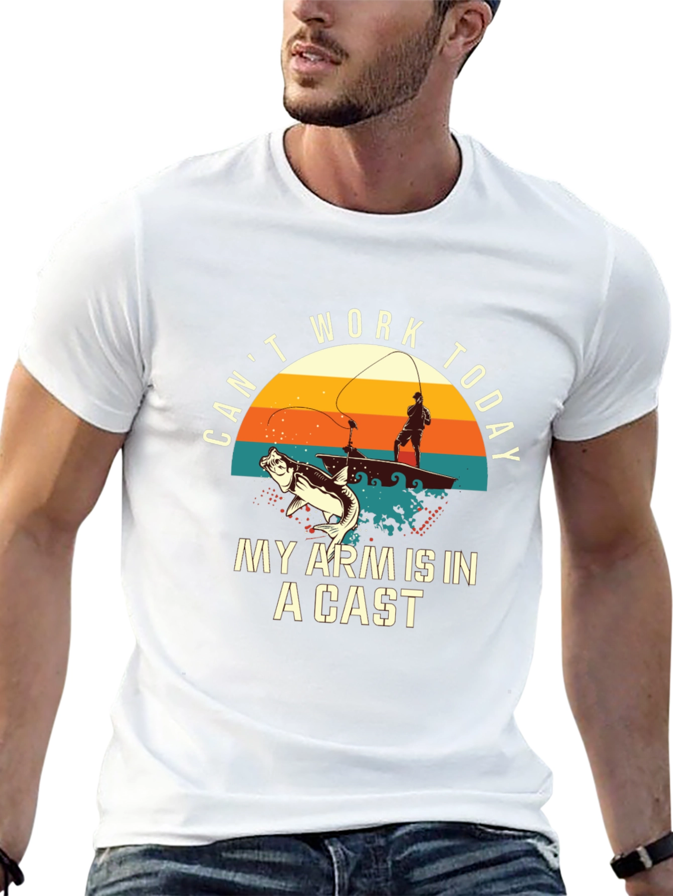 Black Fishing T-Shirt: Can't Work Today - My Arm Is In A Cast view 13