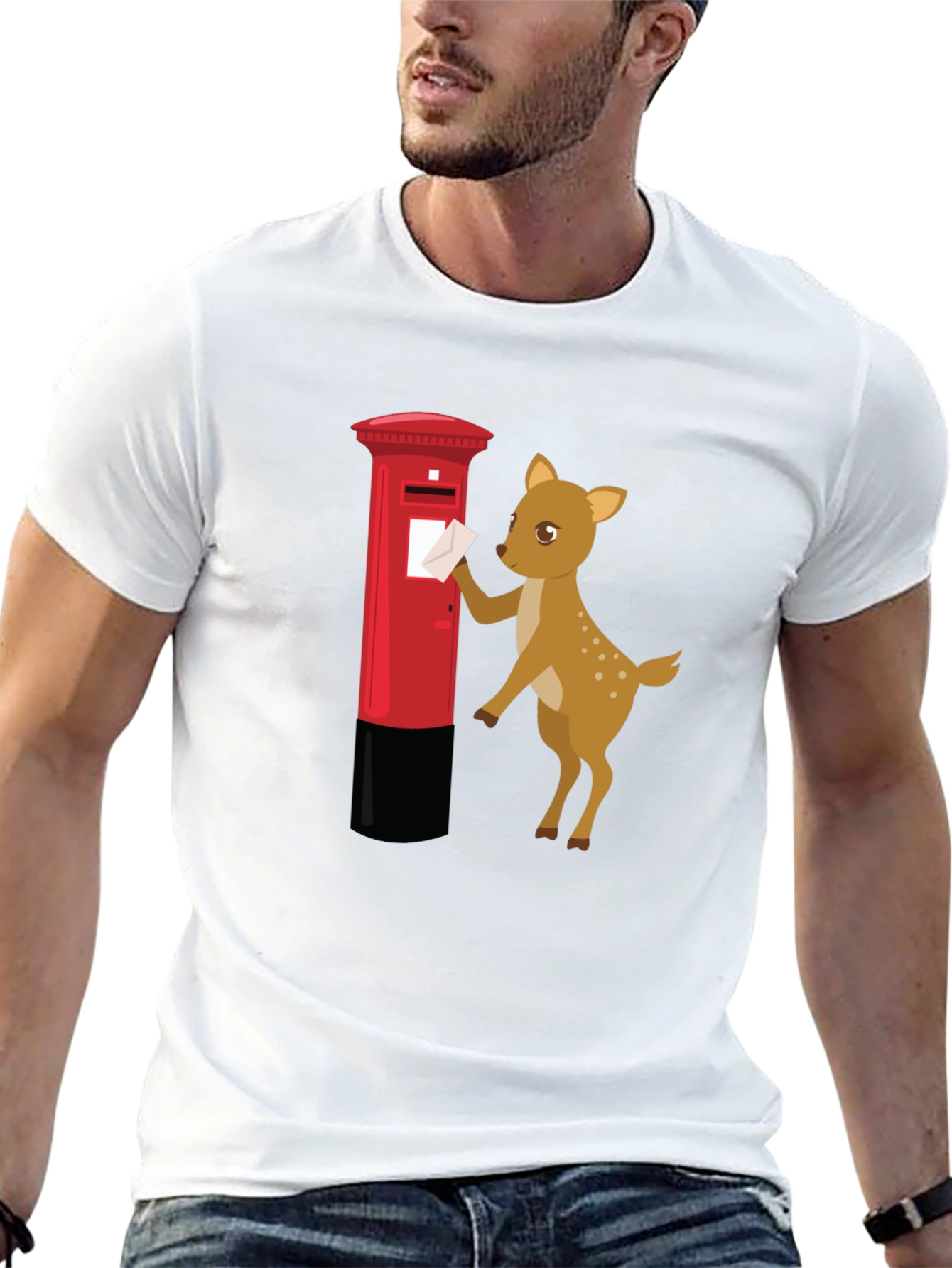 Black Cartoon Deer Posting Letter T-Shirt view 13