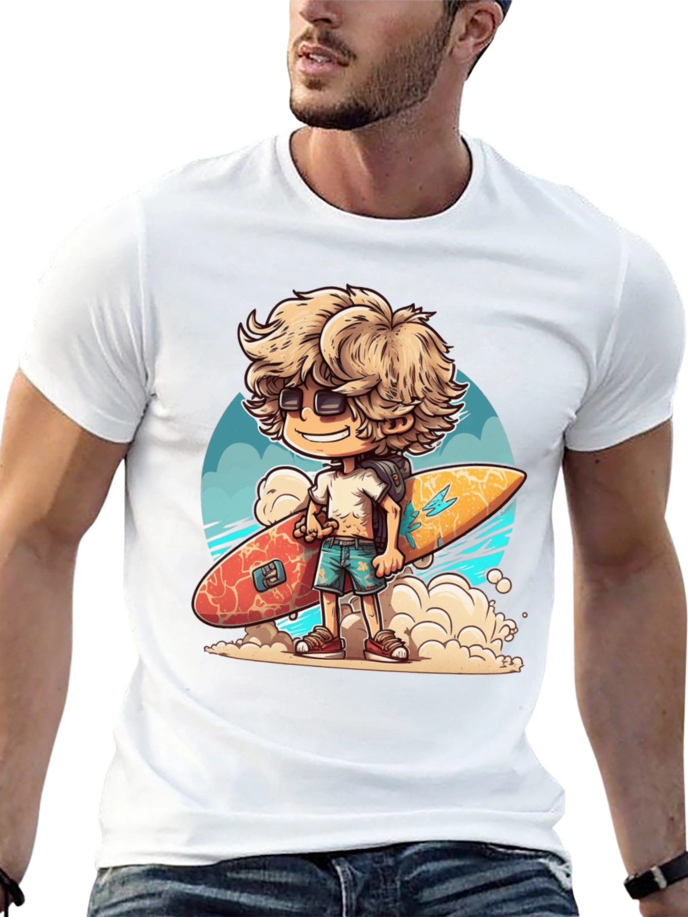 Black Surfer Dude Cartoon Graphic T-Shirt view 13