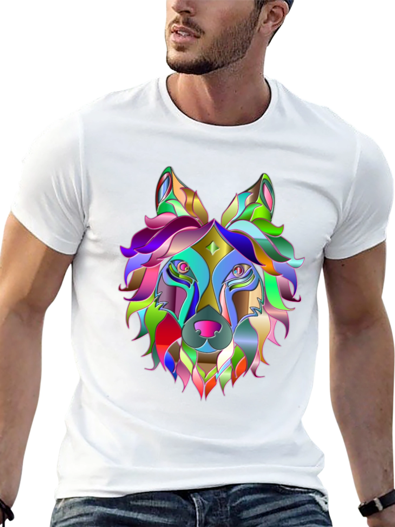 Black Colorful Geometric Wolf Graphic Tee - Unique Design view 13