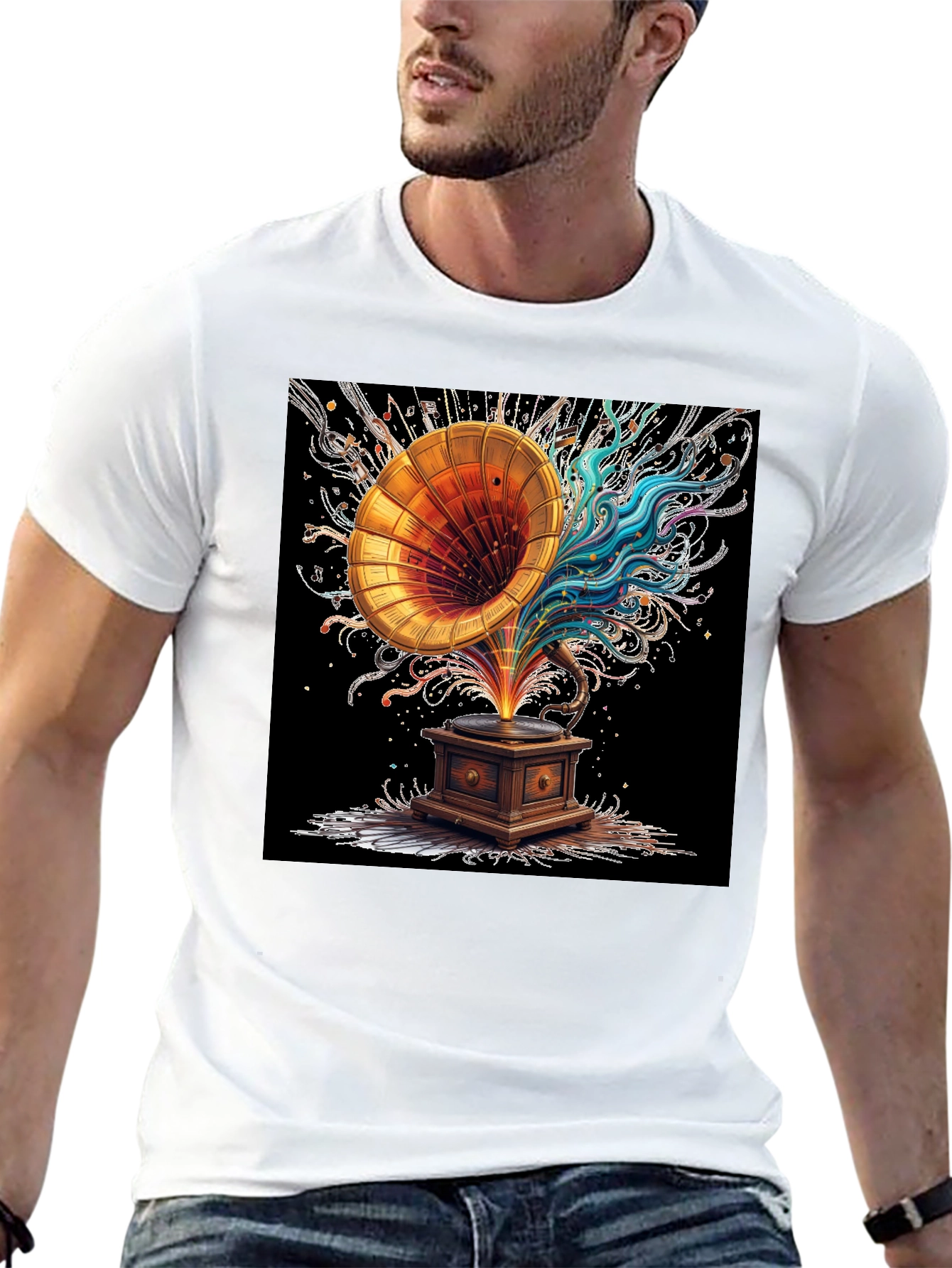 Black Vintage Gramophone Music Art T-Shirt view 13