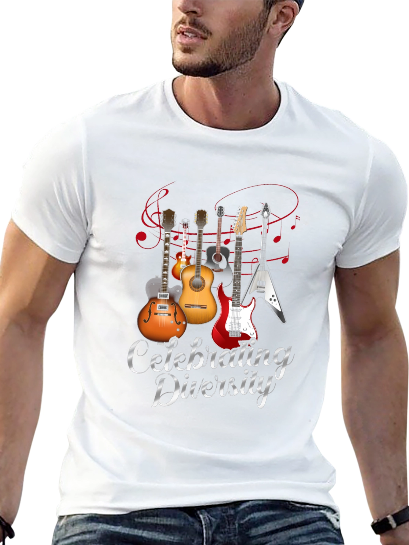 Black Celebrating Diversity Guitar Graphic T-Shirt view 13