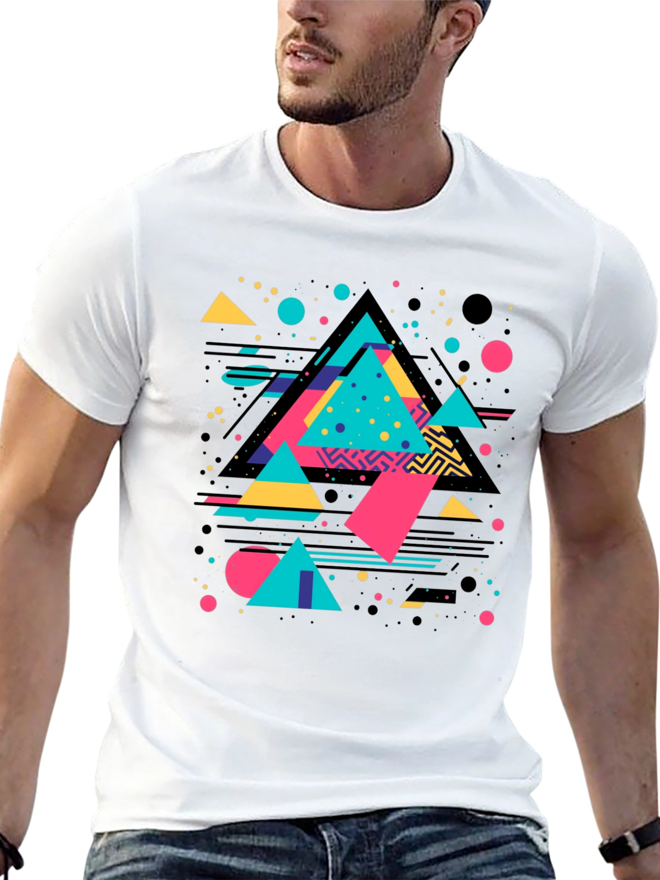 Black Retro Geometric Triangle Graphic Black T-Shirt view 13