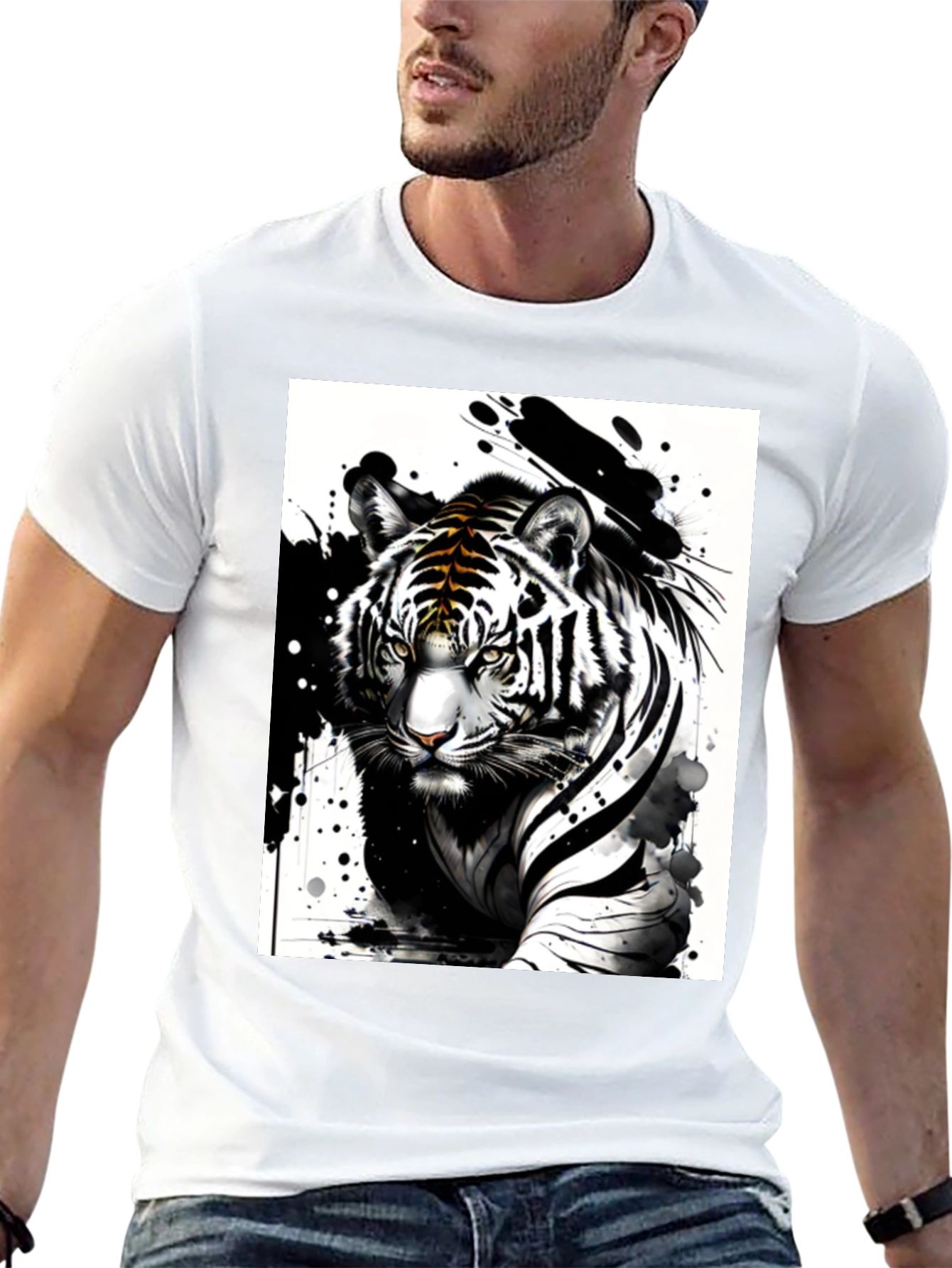 Black Tiger Ink Art Graphic Tee - Black Cotton Blend T-Shirt view 13
