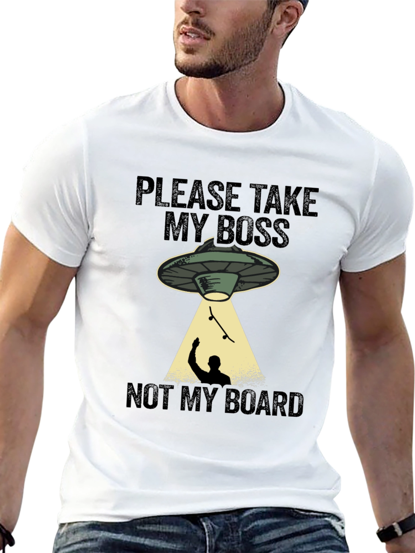 Black Funny Alien Abduction Skateboarder Graphic T-Shirt view 13
