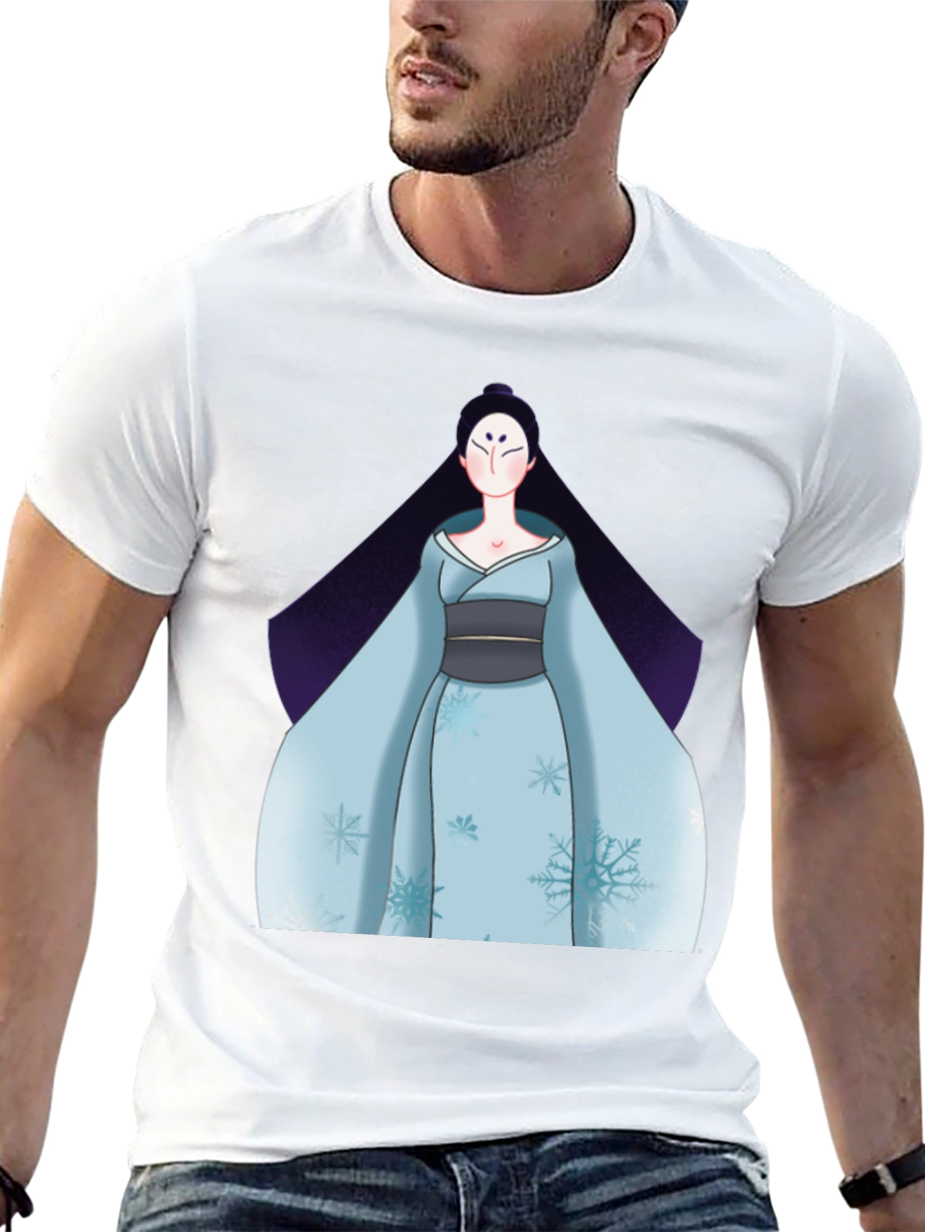 Black Black T-Shirt with Anime Winter Kimono Design view 13