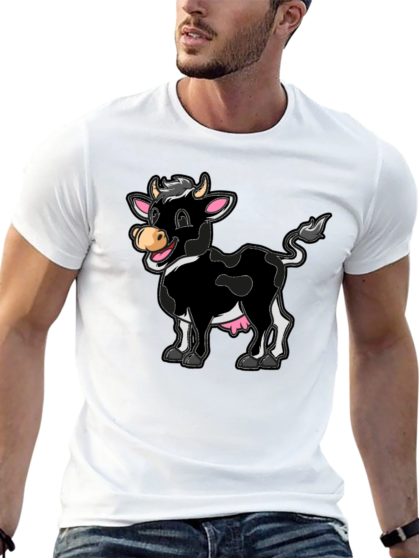 Black Funny Cartoon Cow Graphic Print T-Shirt view 13