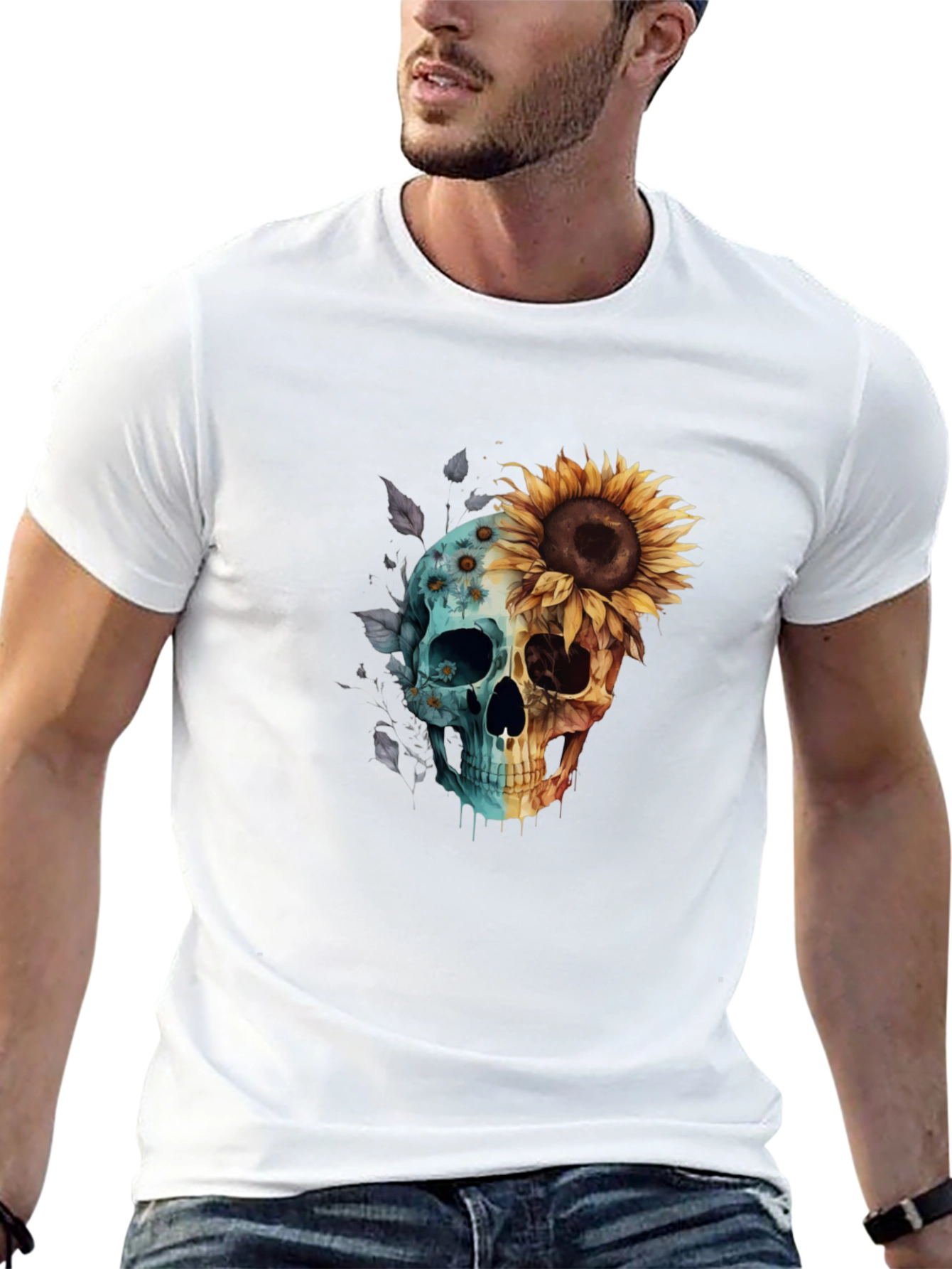 Black Sunflower Skull Graphic Tee - Men's Black T-Shirt view 13