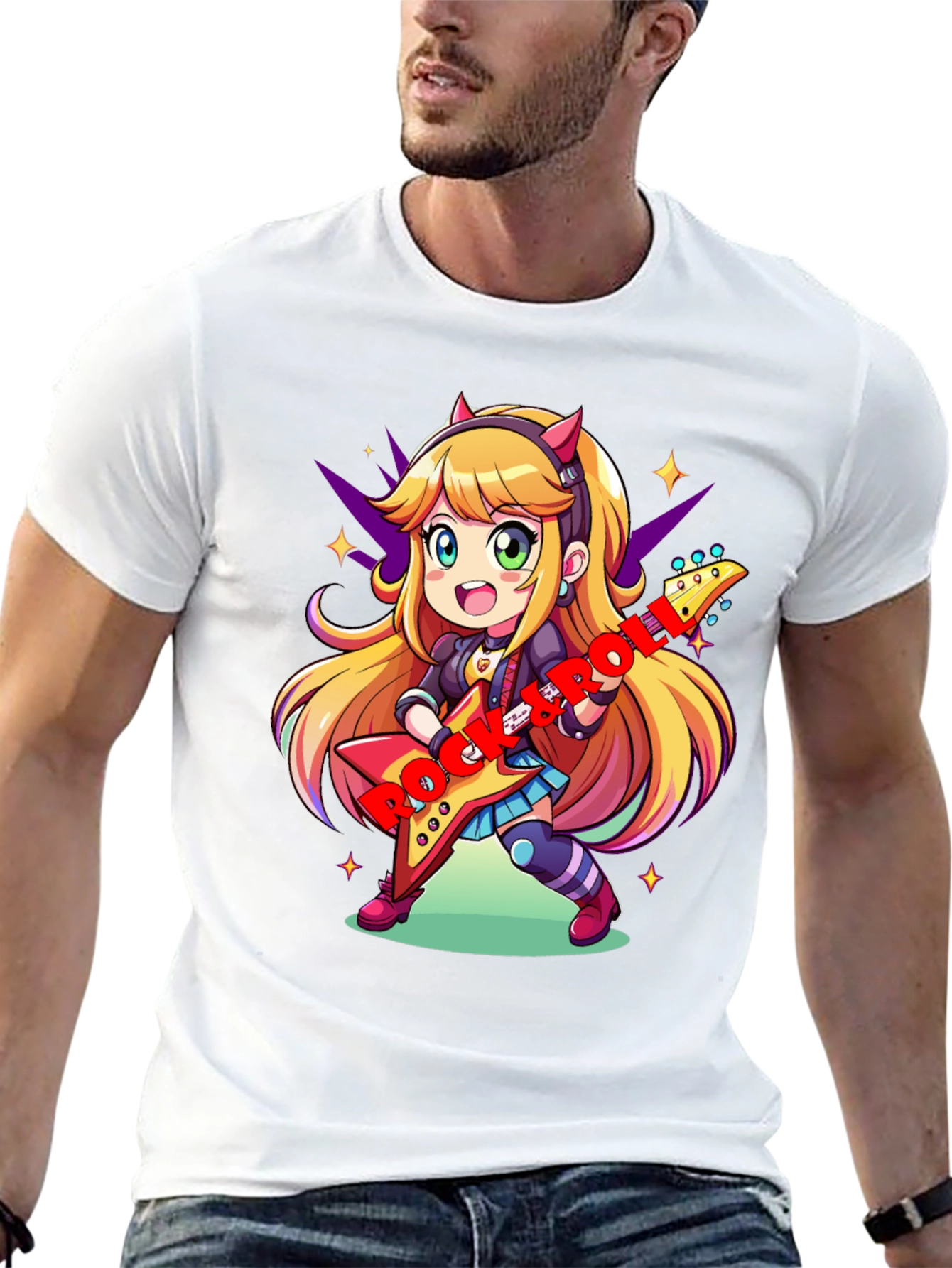 Black Anime Girl Guitarist Black T-Shirt view 13