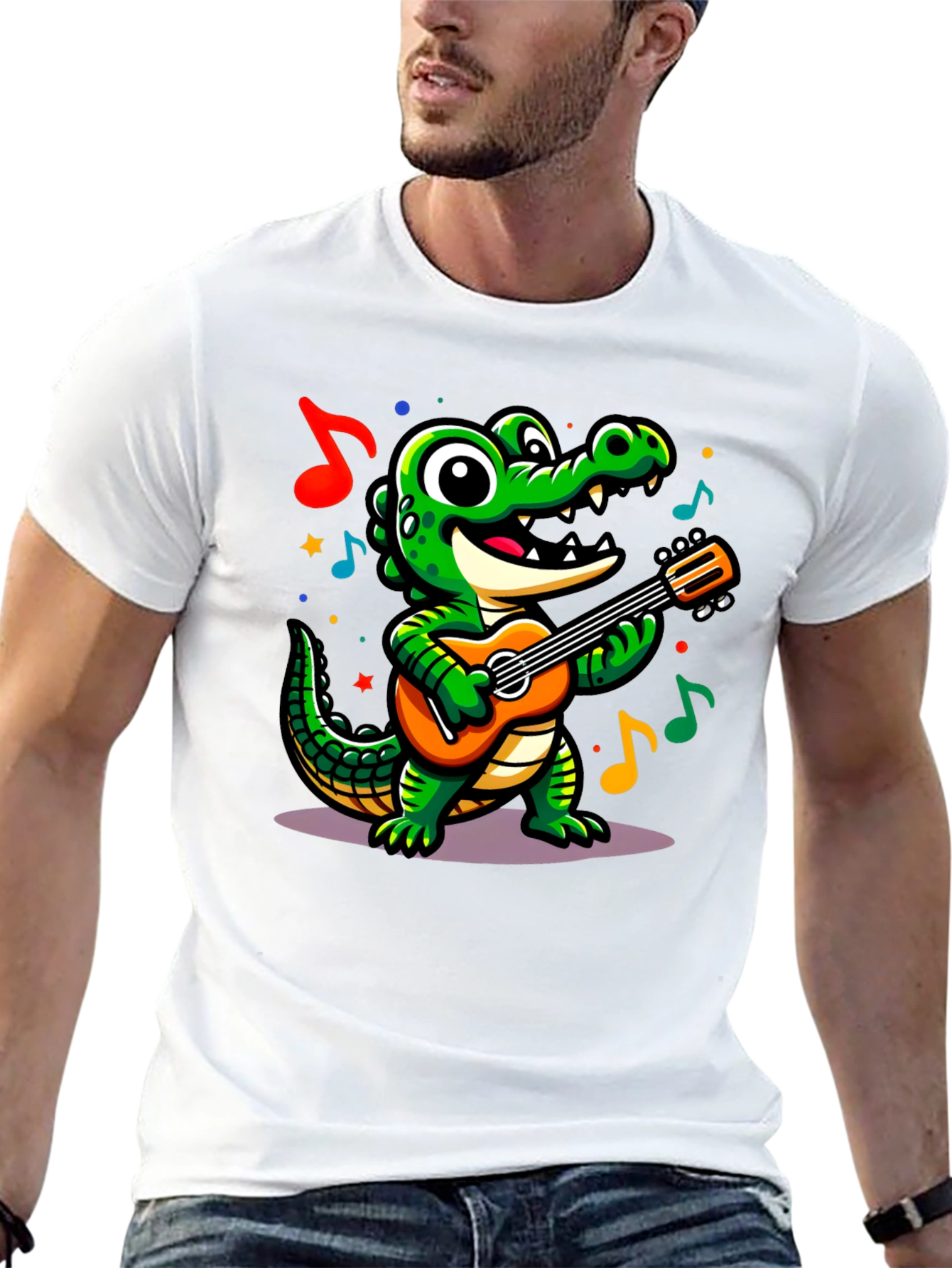 Black Cartoon Alligator Guitar T-Shirt view 13